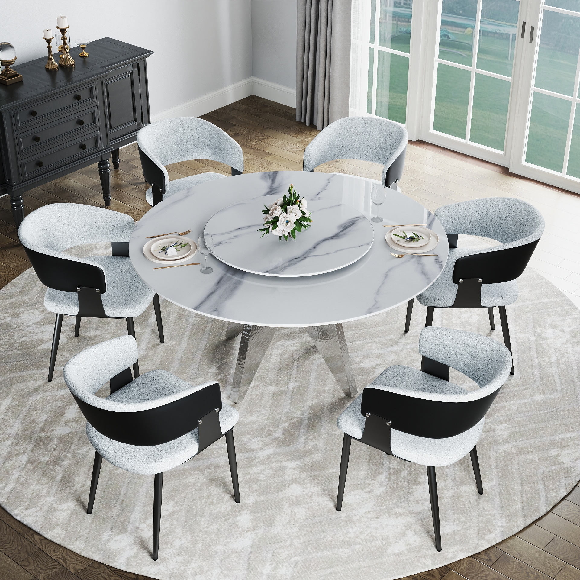 BuotiqHom DH-AT-150W80W-8S 59 in. White + Lazy Susan Round Contemporary/Modern Dining Table, Ceramic with Primed Steel 59-in L x 29.5-in H
