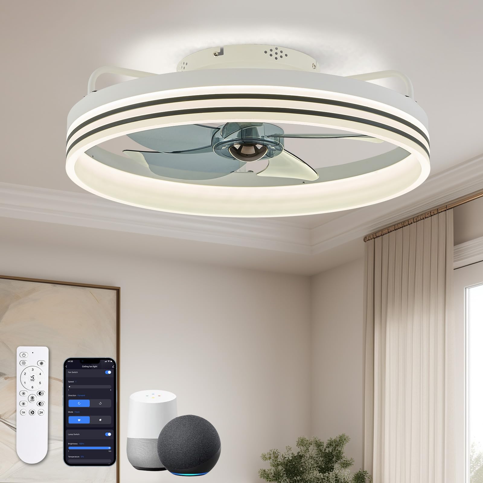 SILJOY CFL-1105-06 Flush mount Ceiling Fan with Light and Remote Control Include