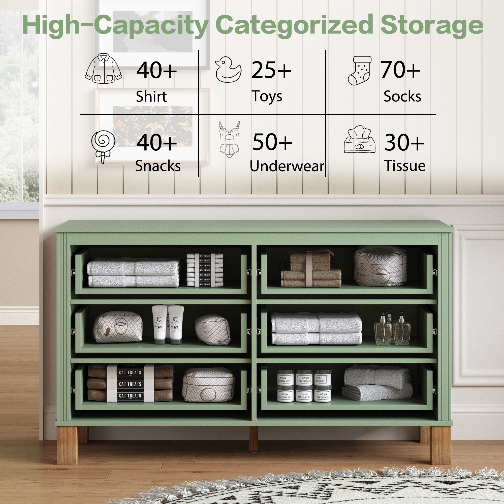 Horizons Prime 47 inch x 18 inch x 30 inch Sage Green Solid Wood and MDF 6-Drawer Double Dresser with Metal Handles and Solid Wood Legs