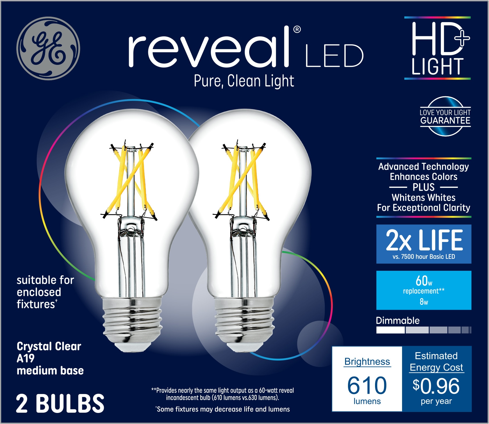 GE Lighting 45658 Reveal Dimmable A19 bombilla LED de intensidad regulable  con base de tamaño mediano, 45657, 14watts