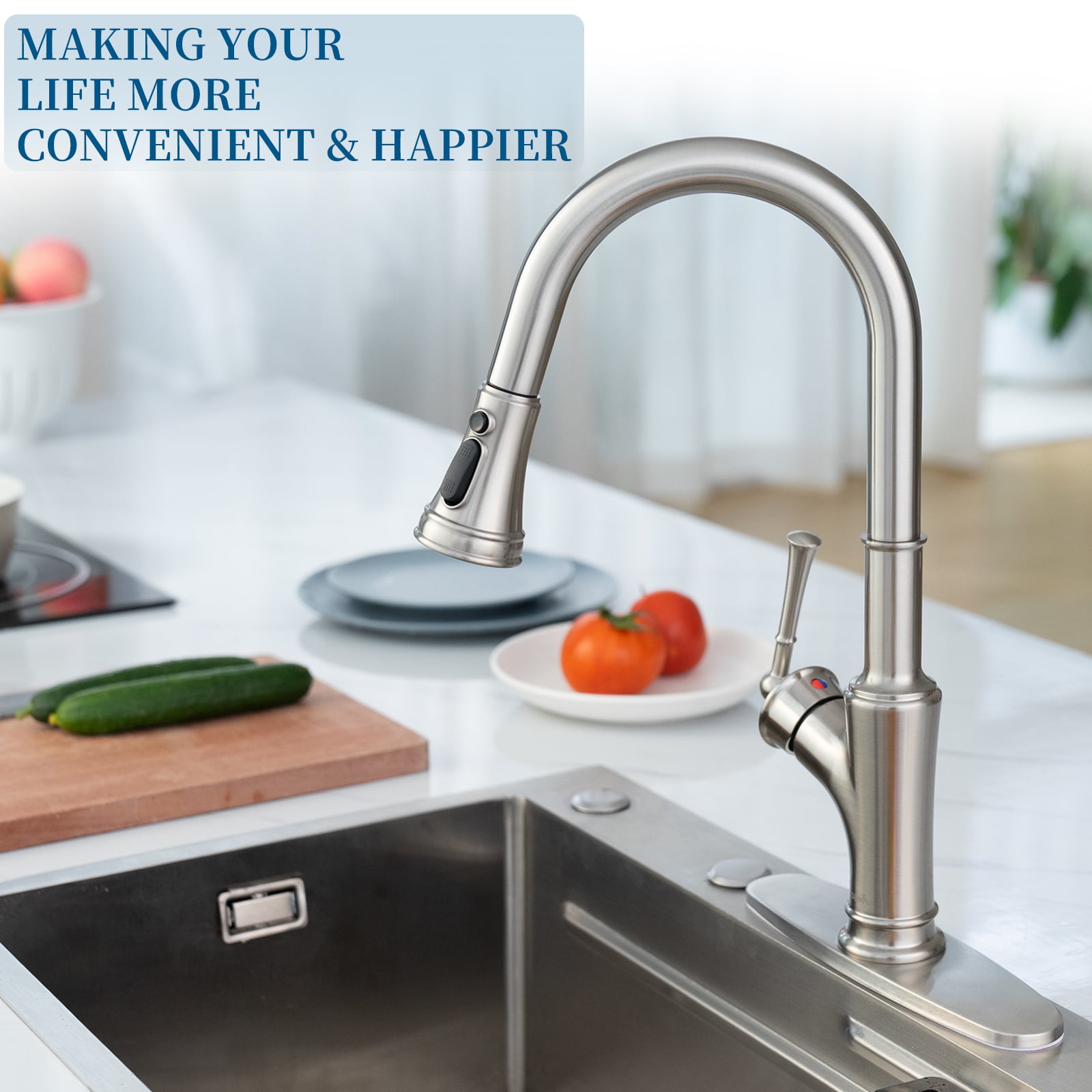 APPASO Brushed Nickel Single Handle Kitchen Faucet with Sprayer (Deck ...