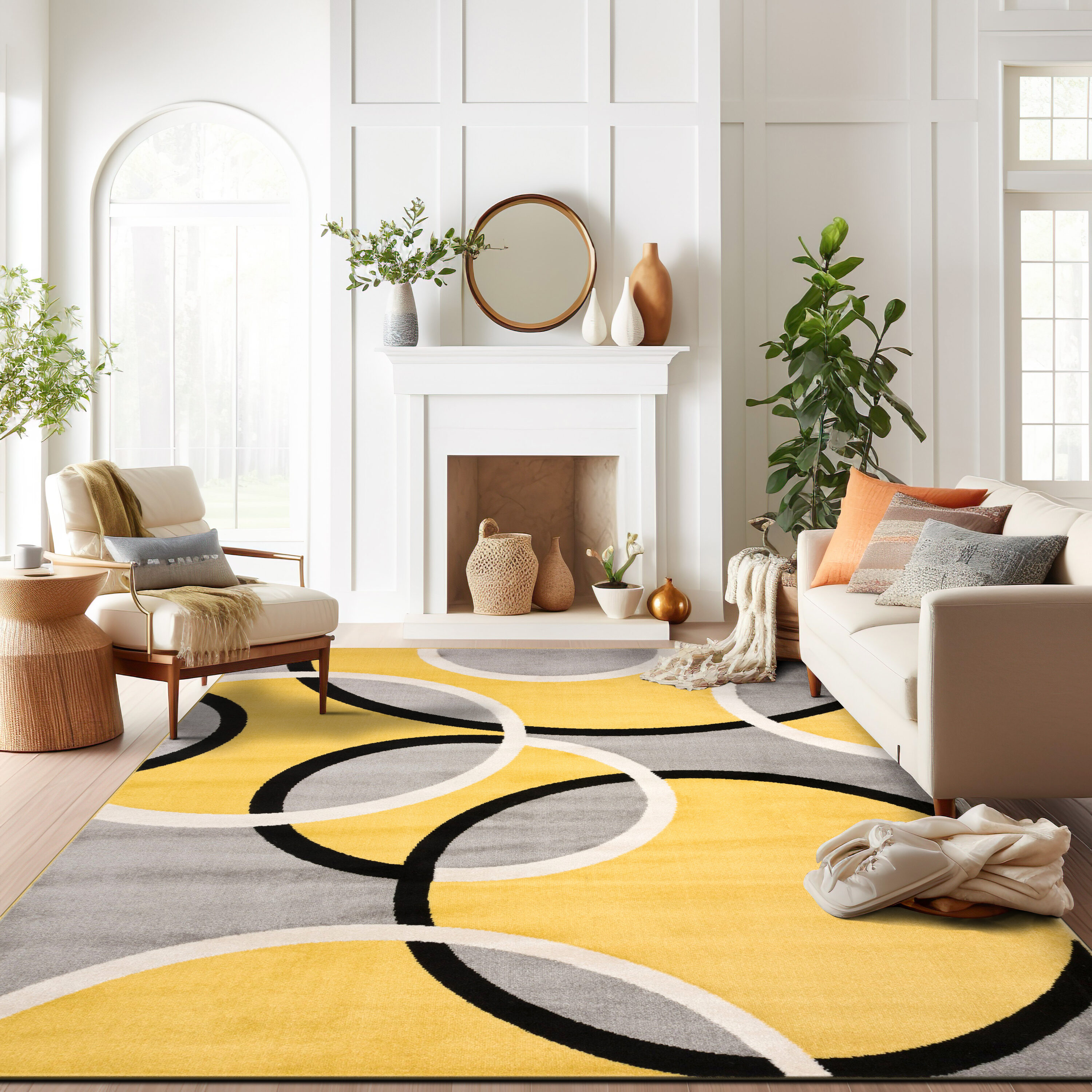 Yellow and Gray Abstract Circles 8' x 10' Synthetic Area Rug