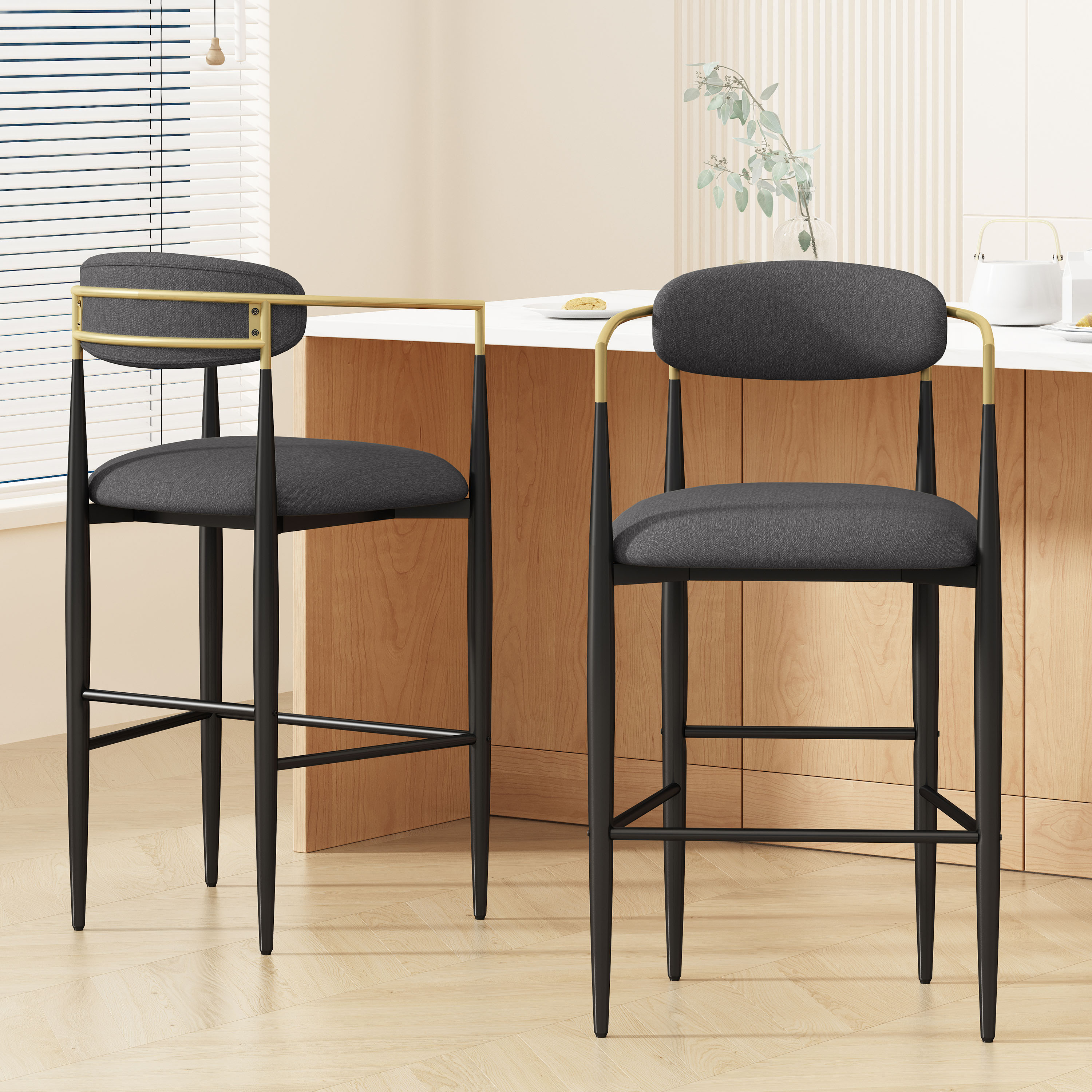 ModernLuxe L3P-N779P248198G Barstools Set of 2 Counter Height Upholstered Bar Stools with Backs and Iron Legs for Kitchen Island Gray Fabric Seating 260LBS Weight Capacity