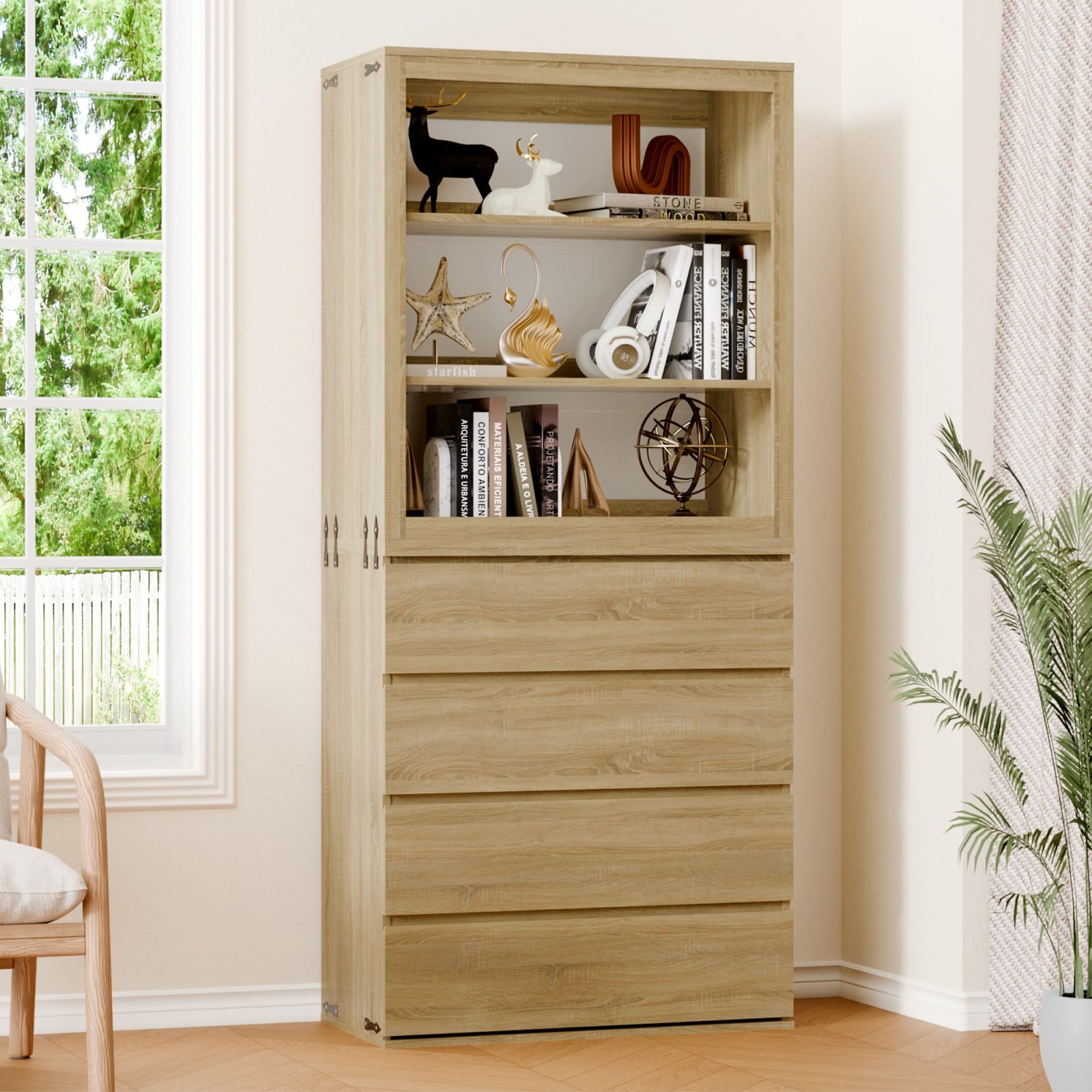 GlasFlength 71 Inch Tall Bookshelf Storage Cabinet with 4 Drawers Open ...