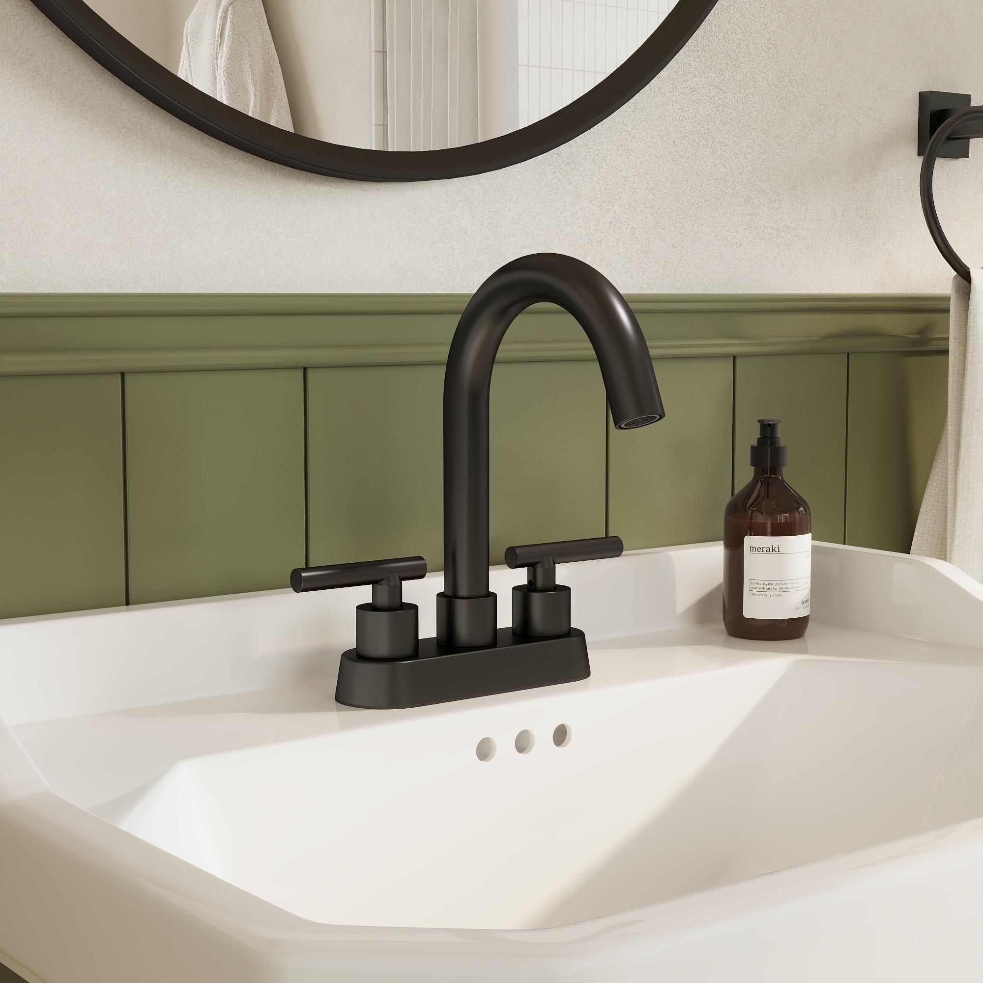 YAWWALK -  Matte Black 4-in Centerset 2-Handle Mid-Arc 360 degrees Swivel Bathroom Sink Faucet wi...