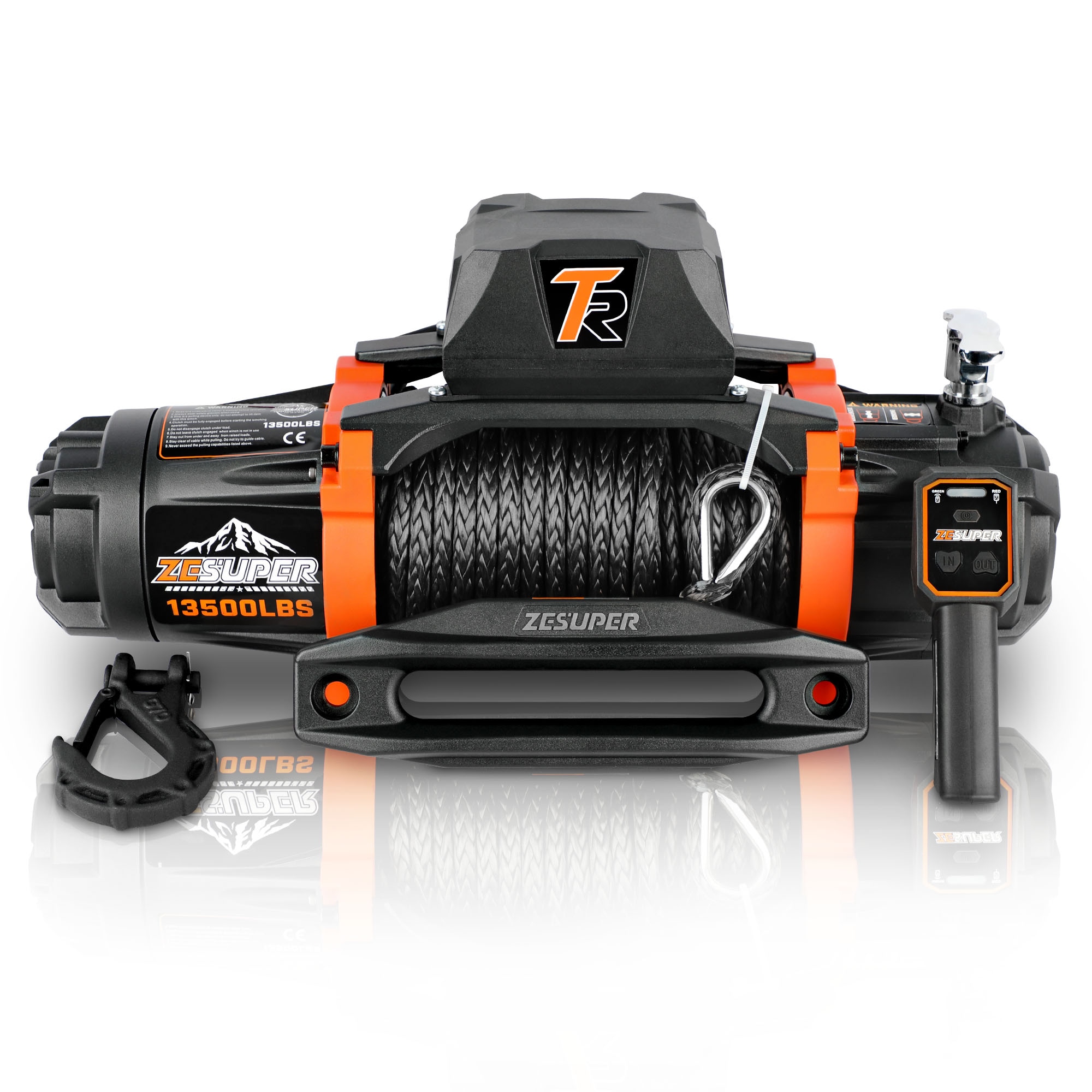 Siavonce XH63300 12V 13500 Lb Load Capacity Electric Winch Synthetic Rope Hook Winch Kit Waterproof Ip66 Electric Winch with Hawse Fairlead and 2 In 1 Wired Handle and Wireless Remote