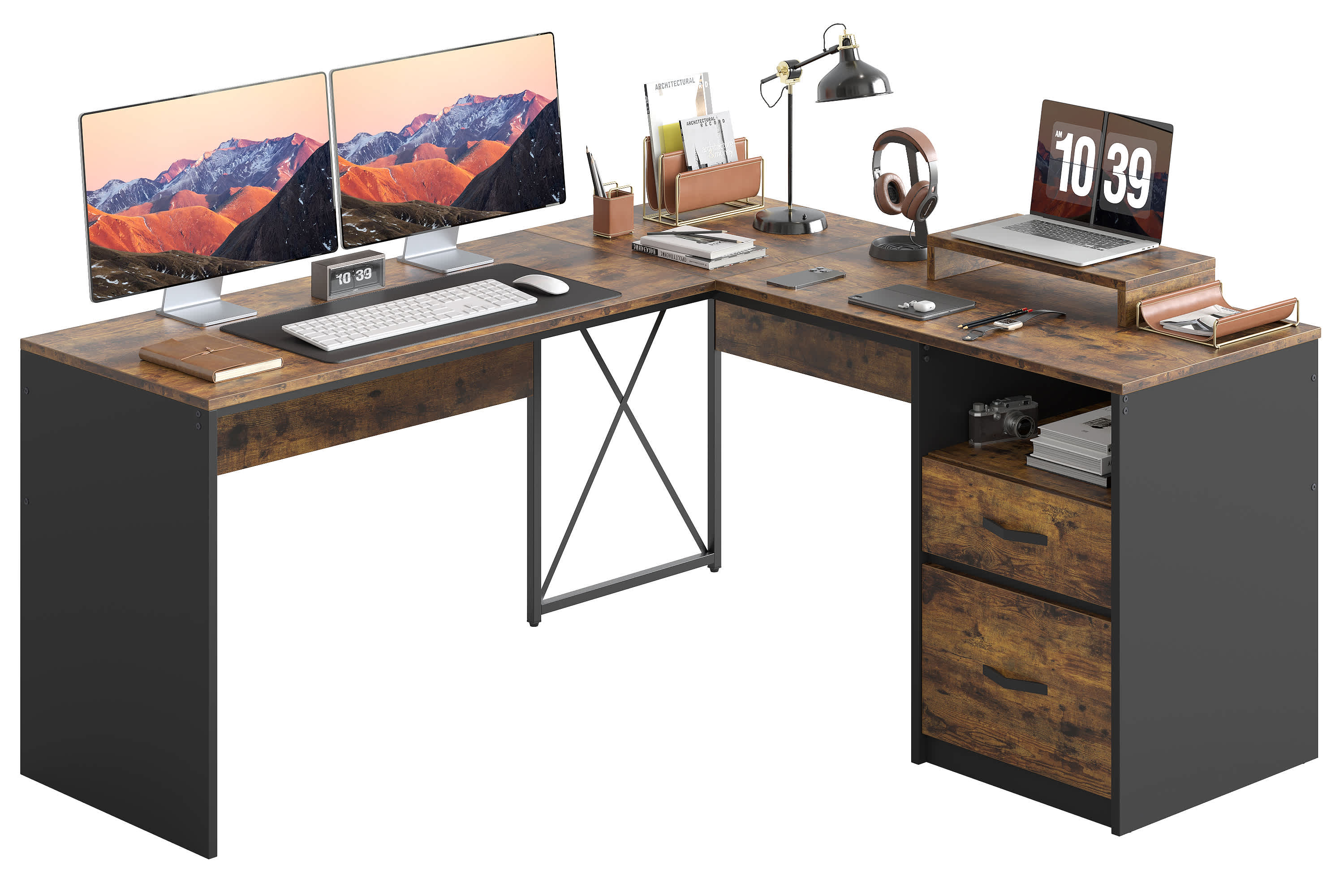 Bestier LOW-H103314A-RST 55-in W 2-Drawer Brown Computer Desk with Reversible Storage Drawer and Computer Monitor Stand