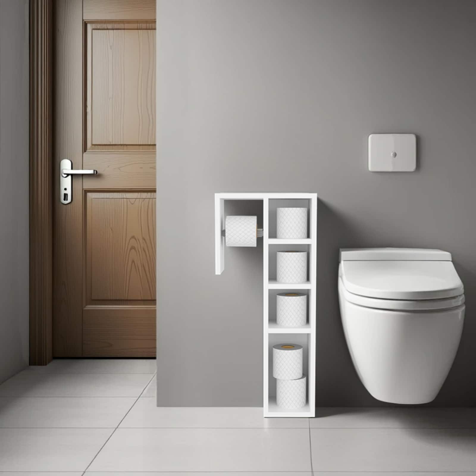 LIVACA 28 inch x 12 inch x 7 inch White Particle Board Linen Cabinet with Toilet Paper Holder and 3 Open Shelves