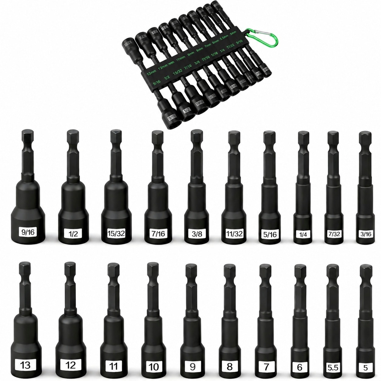 Linder Group Inc 20 Piece Magnetic Nut Driver Set Metric and SAE Hex Shank Drill Socket Impact Bit Holder with Aluminum Alloy Snap Clip 65mm Long Hex Bit Quick #L3HF3PTD