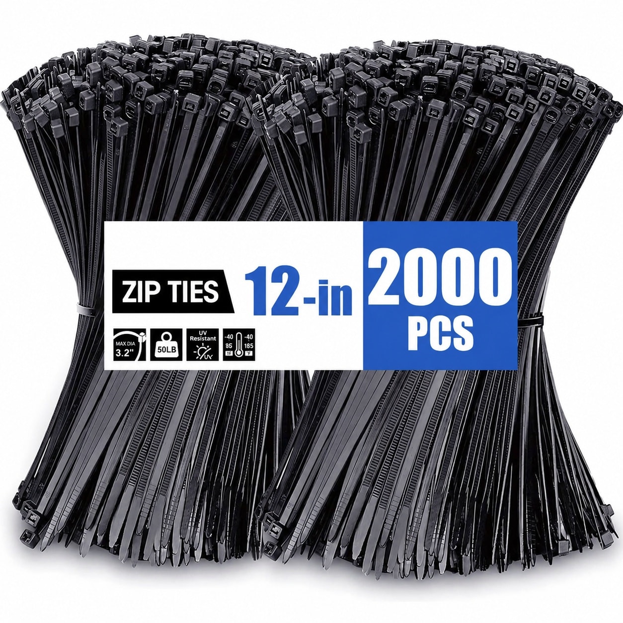 Aoibox  12 in Black Zip Ties 2000 Pack with 50 lb Tensile Strength UV Resistant Nylon Cable Ties for Indoor