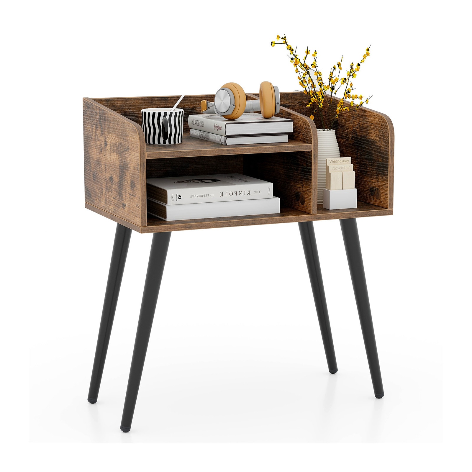 Slickblue D-CO-1-FC55701UH 1 Pc- Mid-Century Modern Nightstand Brown/ Black/ White with Open Shelves Two-Tier Storage for Bedroom or Small Spaces