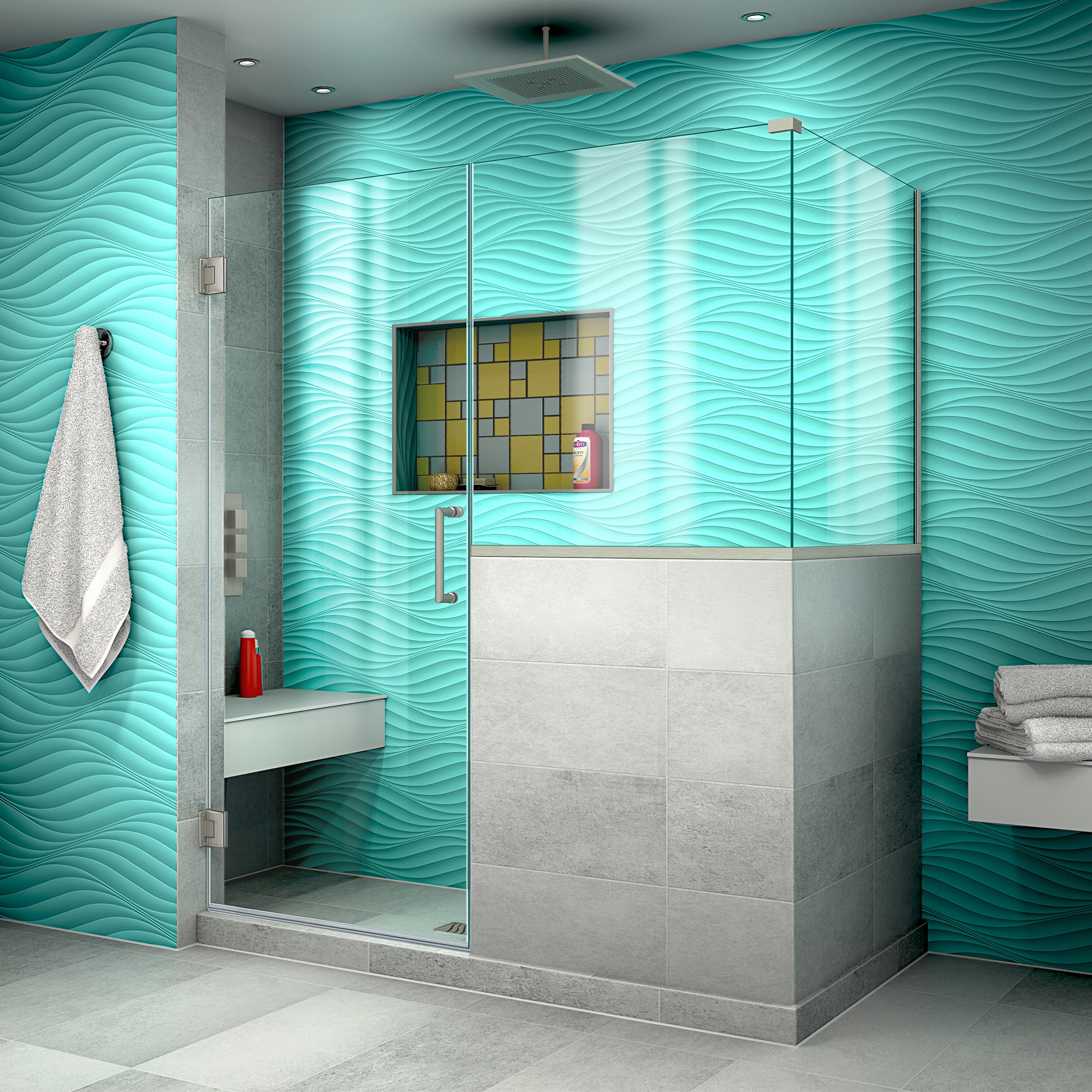 DreamLine SHEN-2427303630-04 Unidoor Plus Brushed Nickel 57-in W x 72.0-in H Frameless Corner Hinged Shower door 3/8-in Thick Clear Glass
