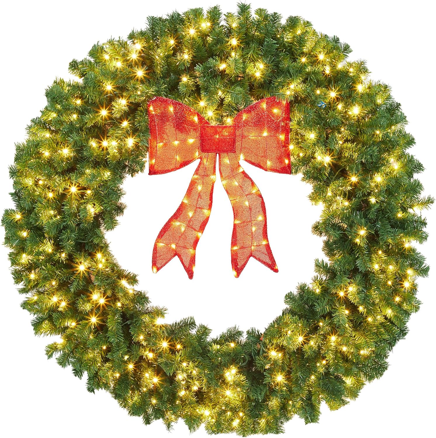 Qeetex WWJ-PHK-35HW9A5U 36 in Large Prelit Christmas Wreaths for Front Door with LED Lights Red Bow