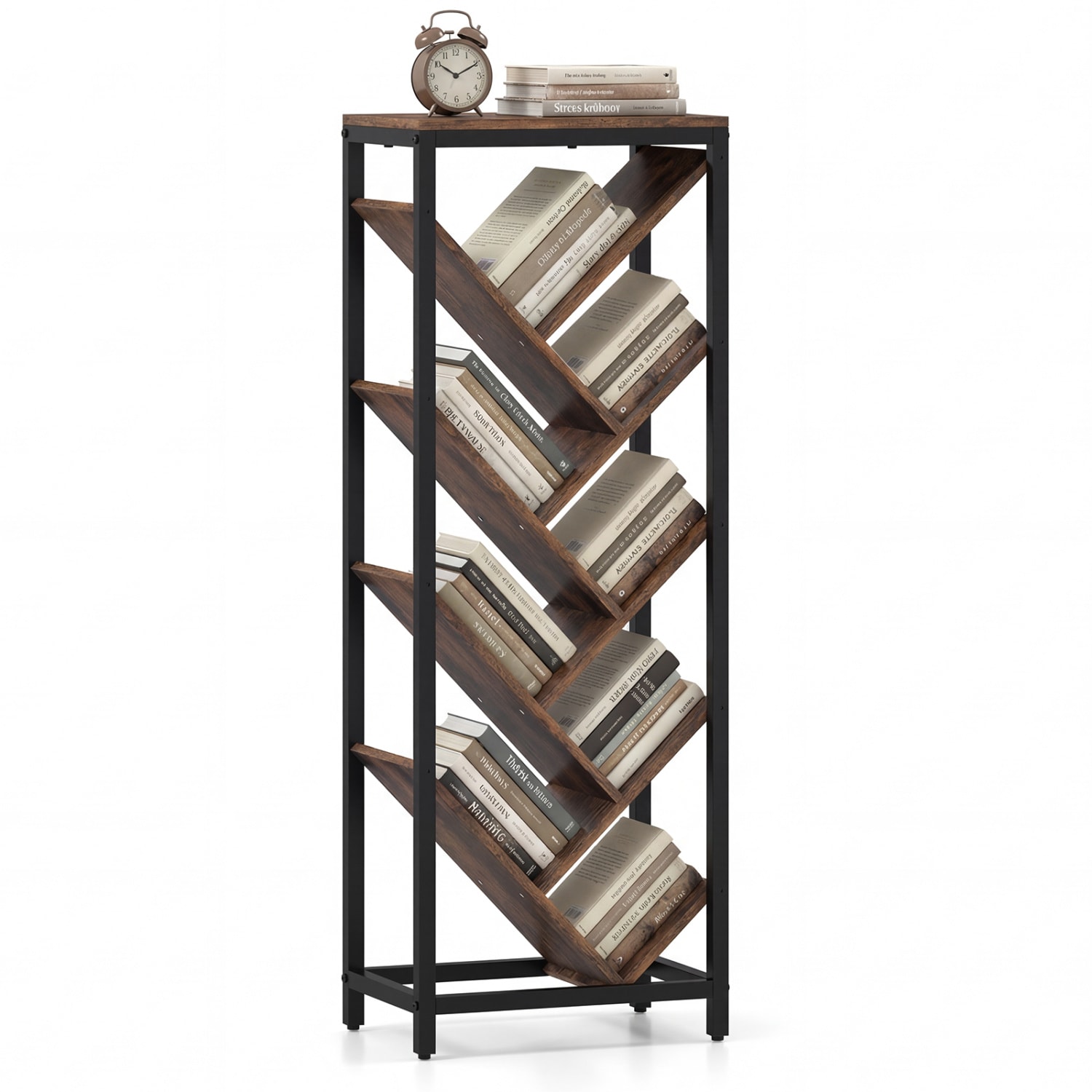 Slickblue - 9 Tier Rustic Brown/White Tree Bookcase with Metal Frame and Space Saving design for ...