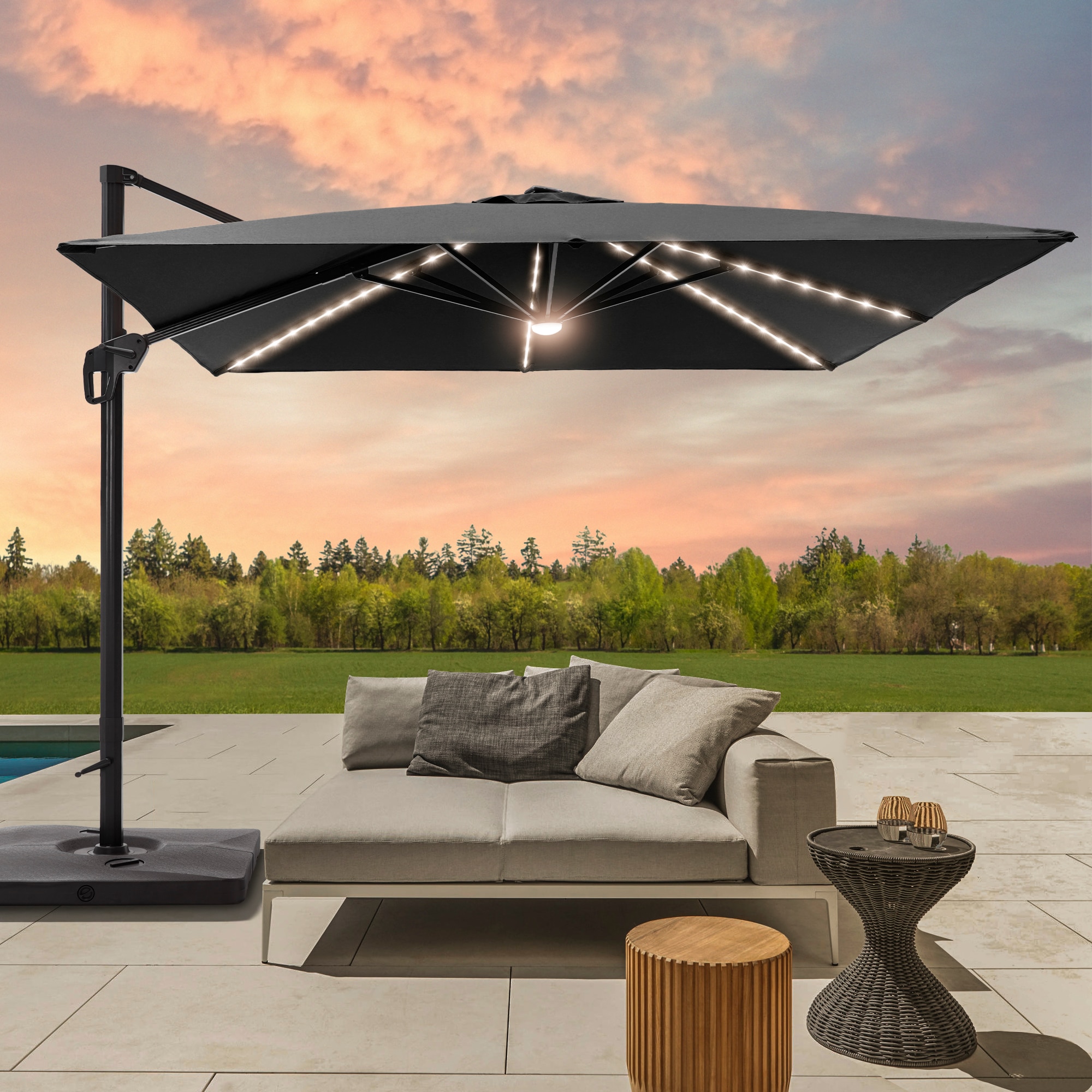 ACEGOSES LW-WB-LED1010BK 11-ft Aluminum Black No-tilt Cantilever Patio Umbrella with Lights with Base