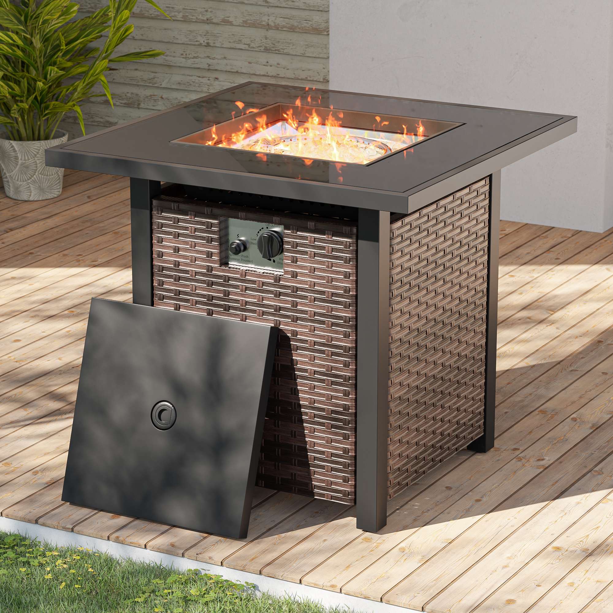 Aok Garden Outdoor 28 inch Fire Pit Table with Fire Glass Beads Propane Gas Fire Pit Table with PE Rattan Brown