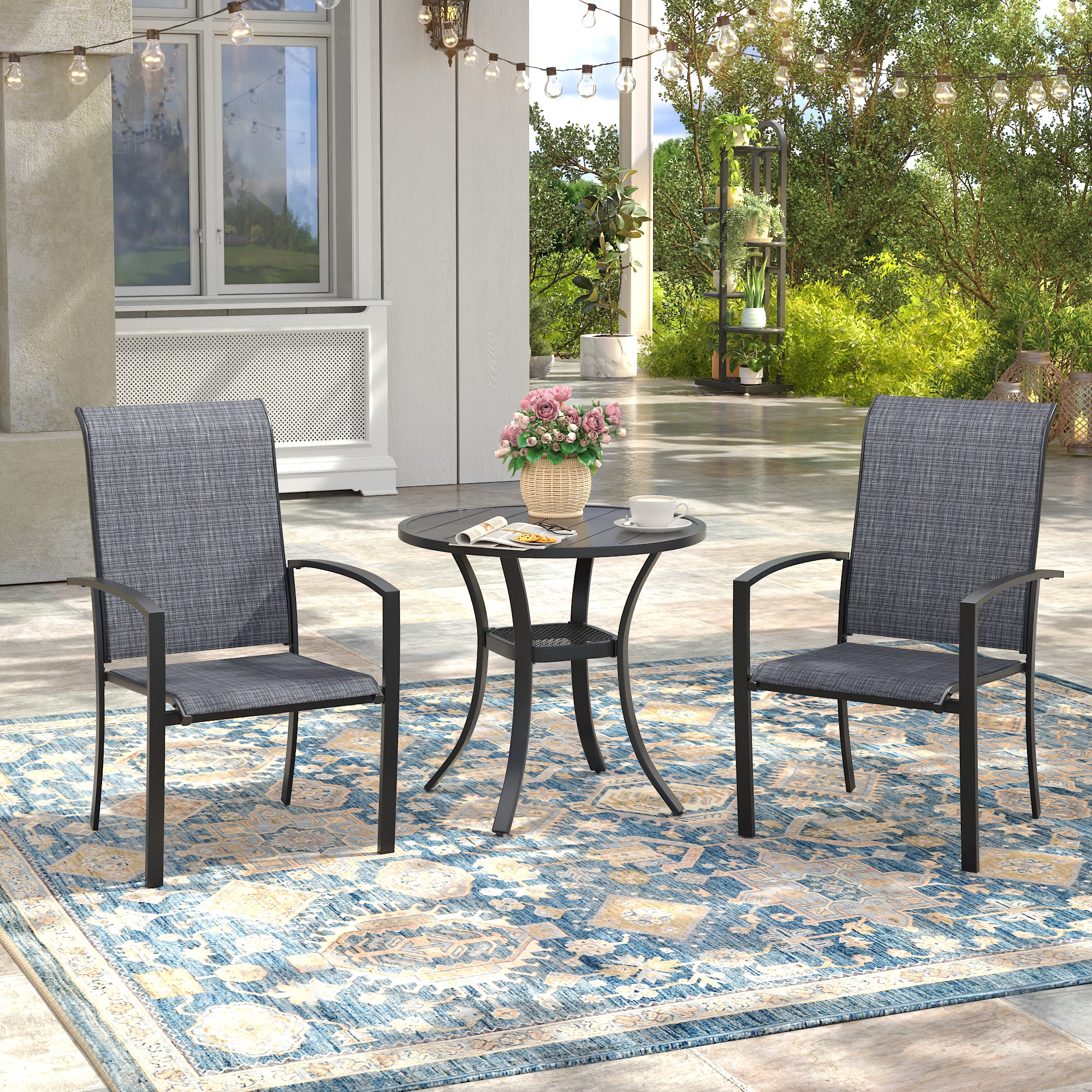 VICLLAX - Outdoor Table and Chairs 3 -Piece Black Patio Dining Set Steel Round Table with 2 Black...