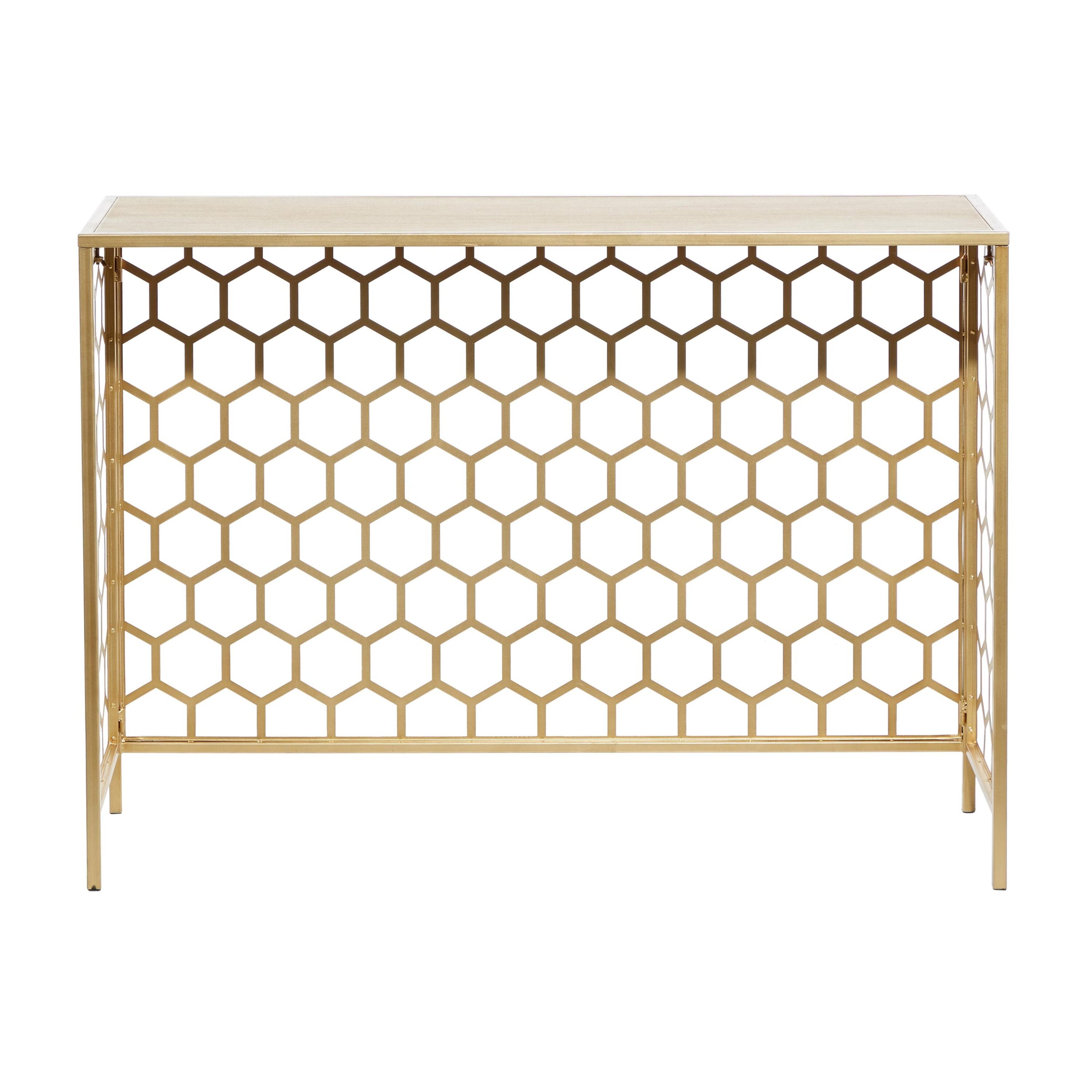 Elegant Gold Metal and Brown Wood Console Table with Honeycomb Pattern, 42"
