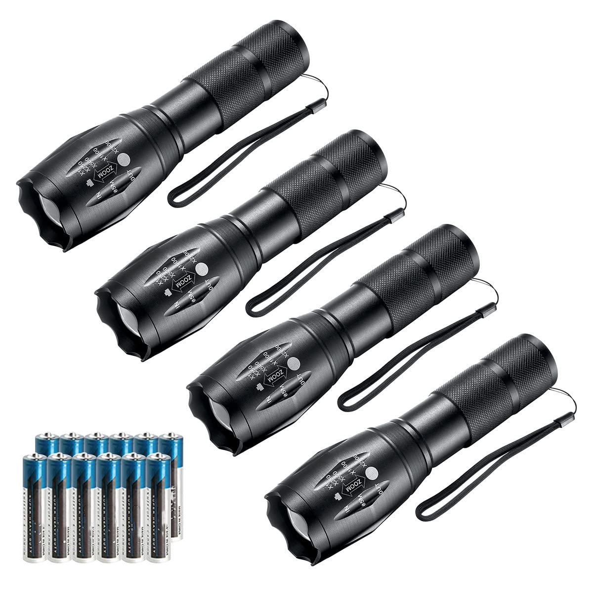 AOIZGMY  LED Flashlights 4 Pack Tactical High Lumen Lights with 12 Pack AAA power cells Portable Waterproof Zoomable Flashlights for Camping