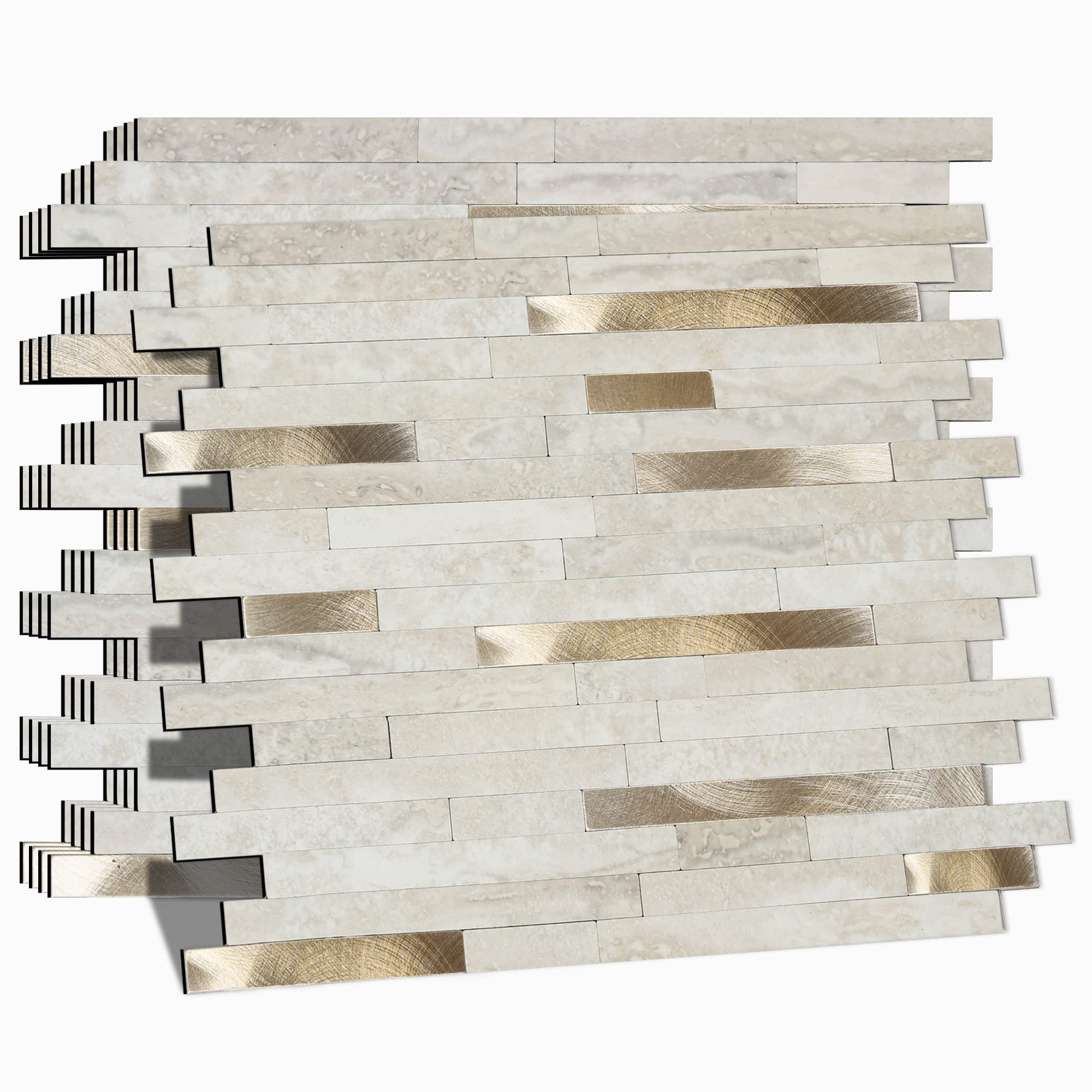 Yichuhaoxi  Peel and Stick Backsplash for Kitchen Self Adhesive Metal Gold Beige Marble Subway Tiles Decorate Kitchens Bathrooms Laundry