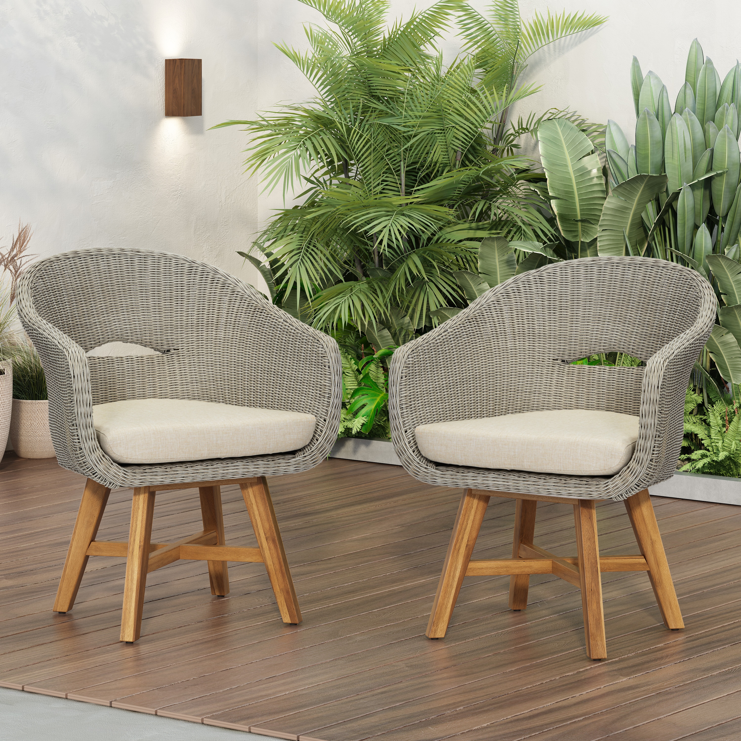 Christopher Knight Home 330321 Outdoor Dining Arm Chair  Set of 2 with Cushions  Acacia Wood Legs  and All Weather Rattan Frame