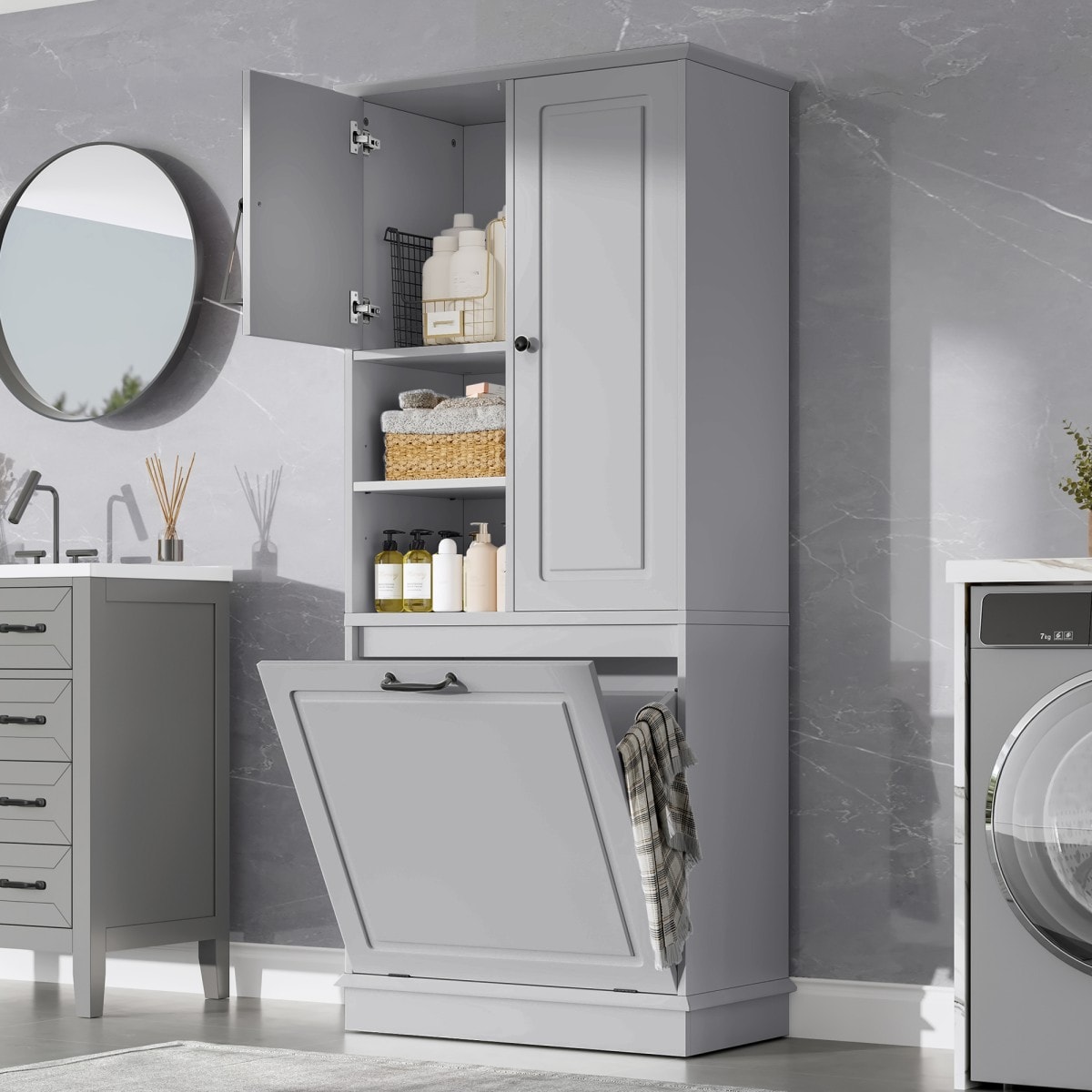 GlasFlength  Tall Storage Cabinet with Adjustable Shelves Flip Out Basket Enclosed Cabinets MDF Organizer with Aluminum Alloy Handles for Bathroom Living Room Office Gray