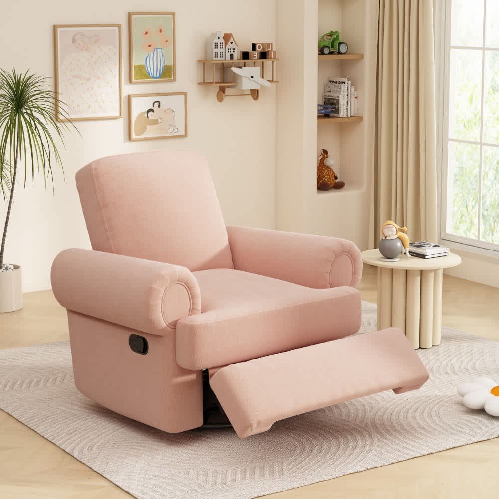 Coolbibila 35 Inch Pink Chenille Manual Swivel Rocker Recliner Nursery Glider Armchair for Living Room Bedroom