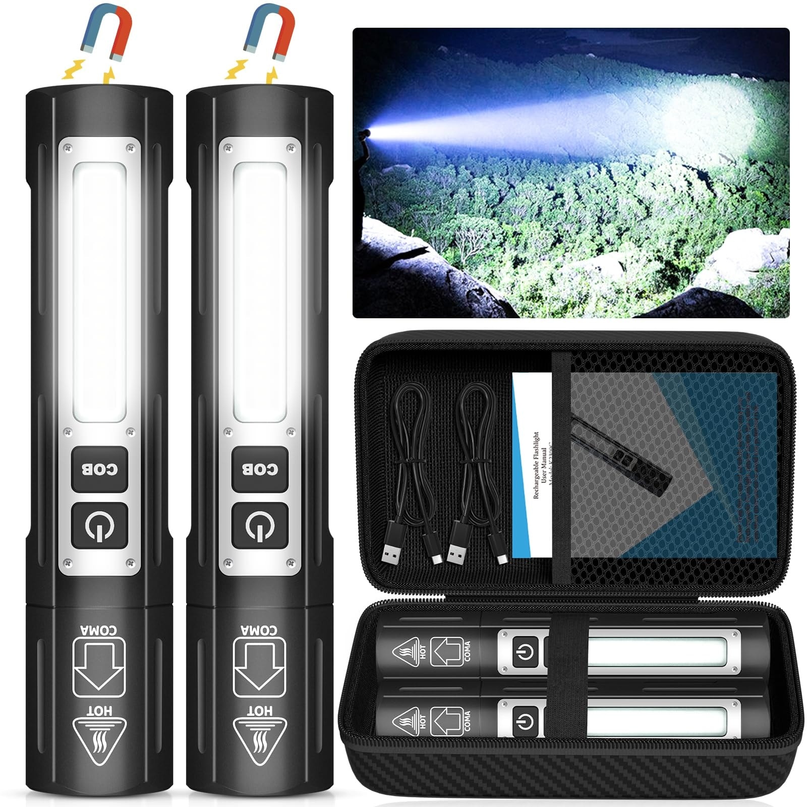 AOIZGMY  2 Pack Rechargeable Magnetic LED Flashlights 8 Modes 1500m Long Beam 5.31 x 1.18 in Dual Button Work Light for Home Car Camping