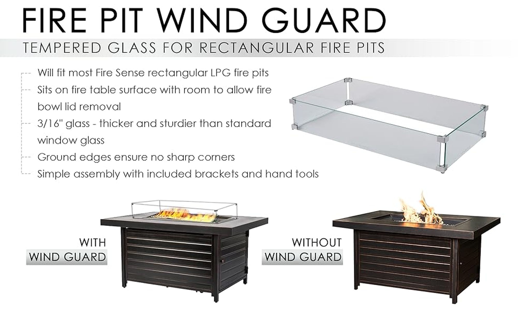 Clear Tempered Glass Wind Guard for Rectangular Fire Pits