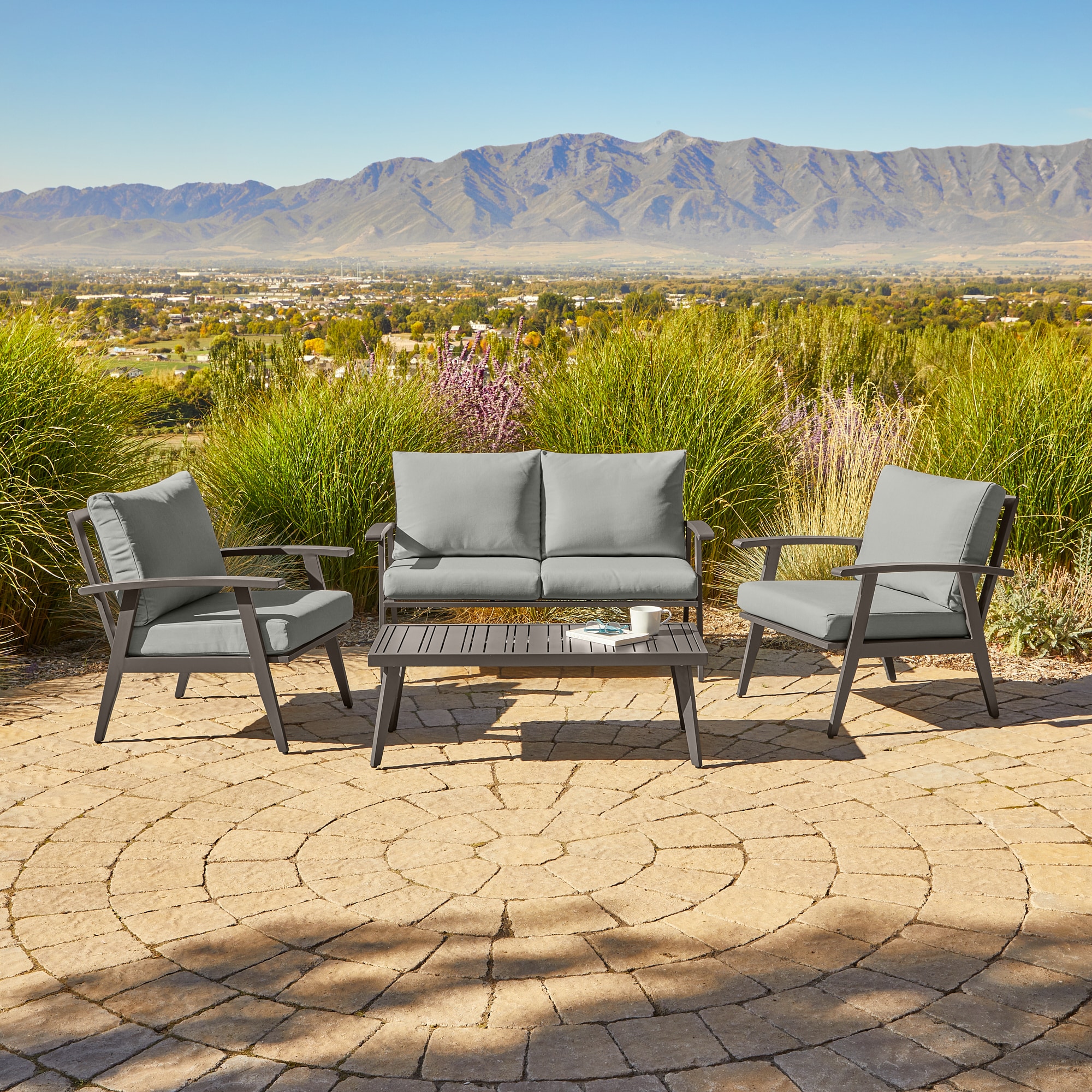 New Heights BS0003OCS04SC Martin 4 -Piece Patio Conversation Set with Gray Cushions