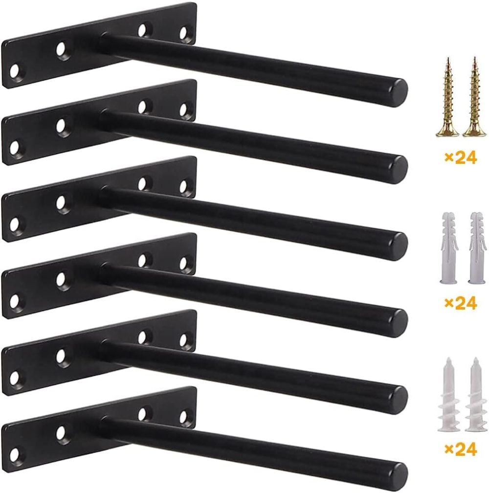 Misopily Heavy Duty 8 Inch Floating Shelf Brackets 6 Pack Solid Steel Matte Black Hidden Wall Shelf Supports with Hardware for 8 to 12 Inch Deep Wood Shelves
