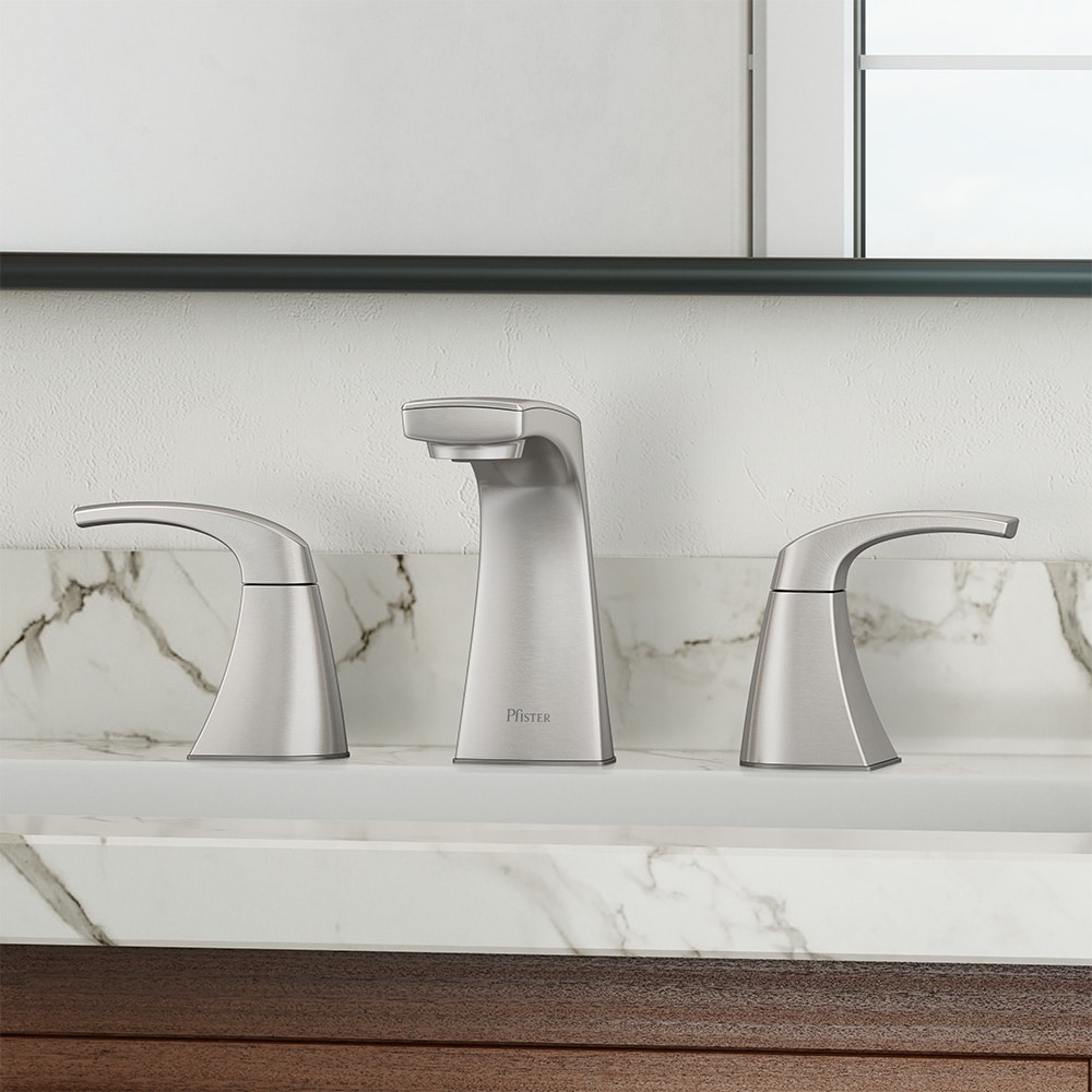 Pfister PLF-049-KAGS Karci Spot defense brushed nickel Widespread 2-handle WaterSense Mid-arc Residential Handle Bathroom Sink Faucet with Drain