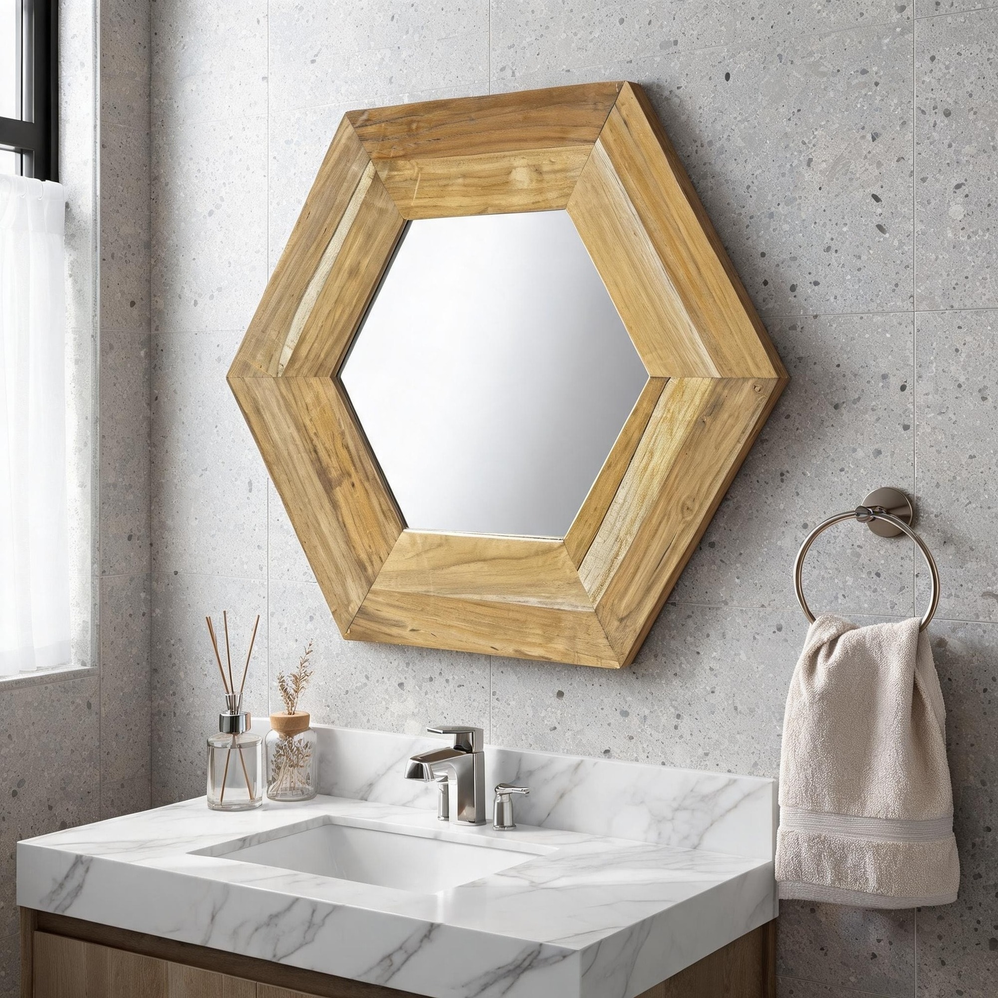 IAK 19 inch x 19 inch Natural Teak Wood Hexagon Mirror with Solid Wood Frame