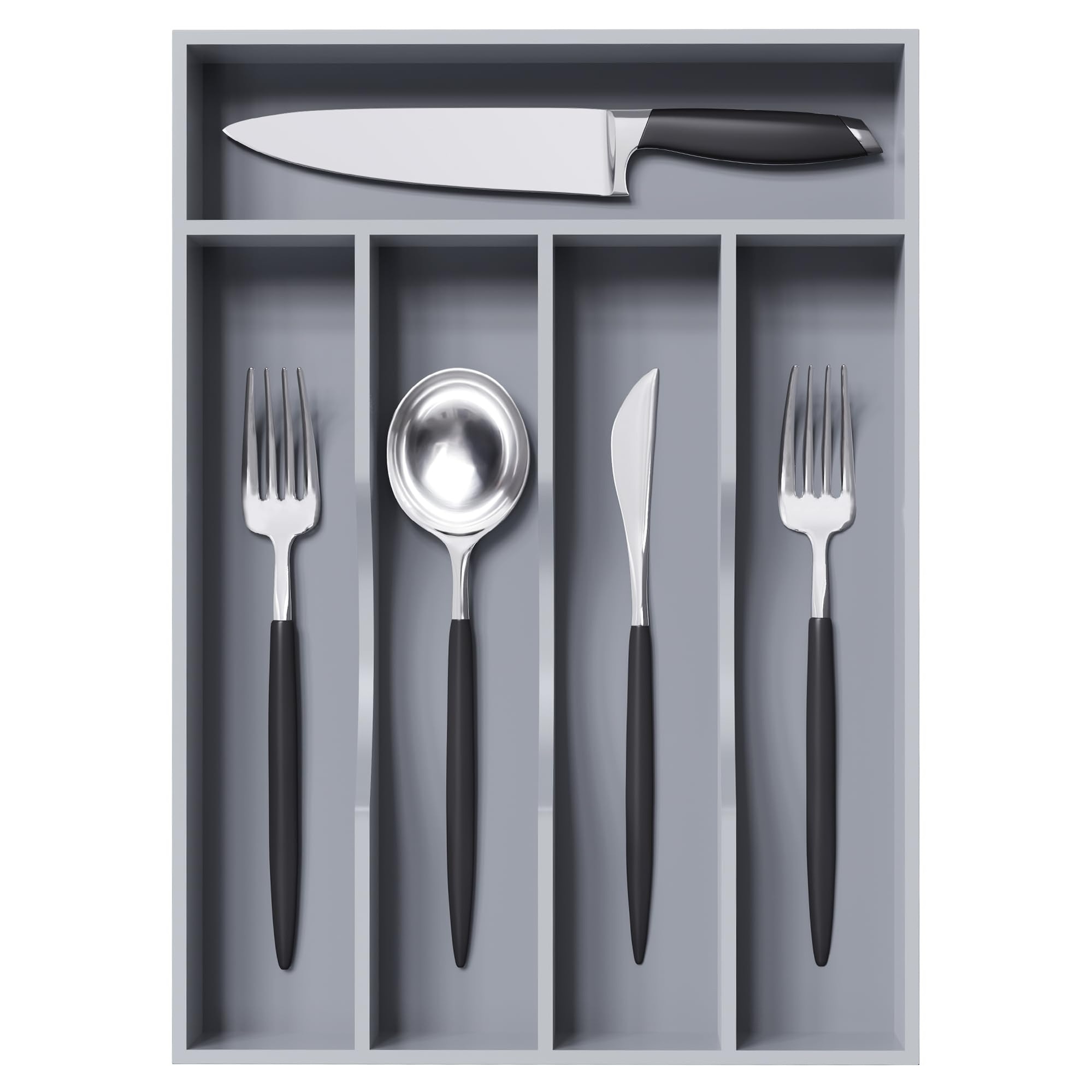 Phewnyzo  Bamboo Silverware Organizer 10 Inch Wide Gray Utensil Tray for Drawer Kitchen Cutlery Flatware Holder 5 Compartments Space Saving Easy