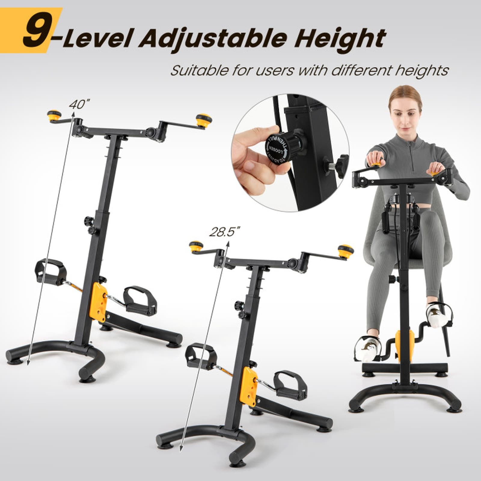 SUGIFT Pedal Exerciser for Seniors 265-lb Foldable Mini Exercise Bike 4-Mode Upper Lower Body with 9-Level Height Adjustable Handgrip and Resistance Band