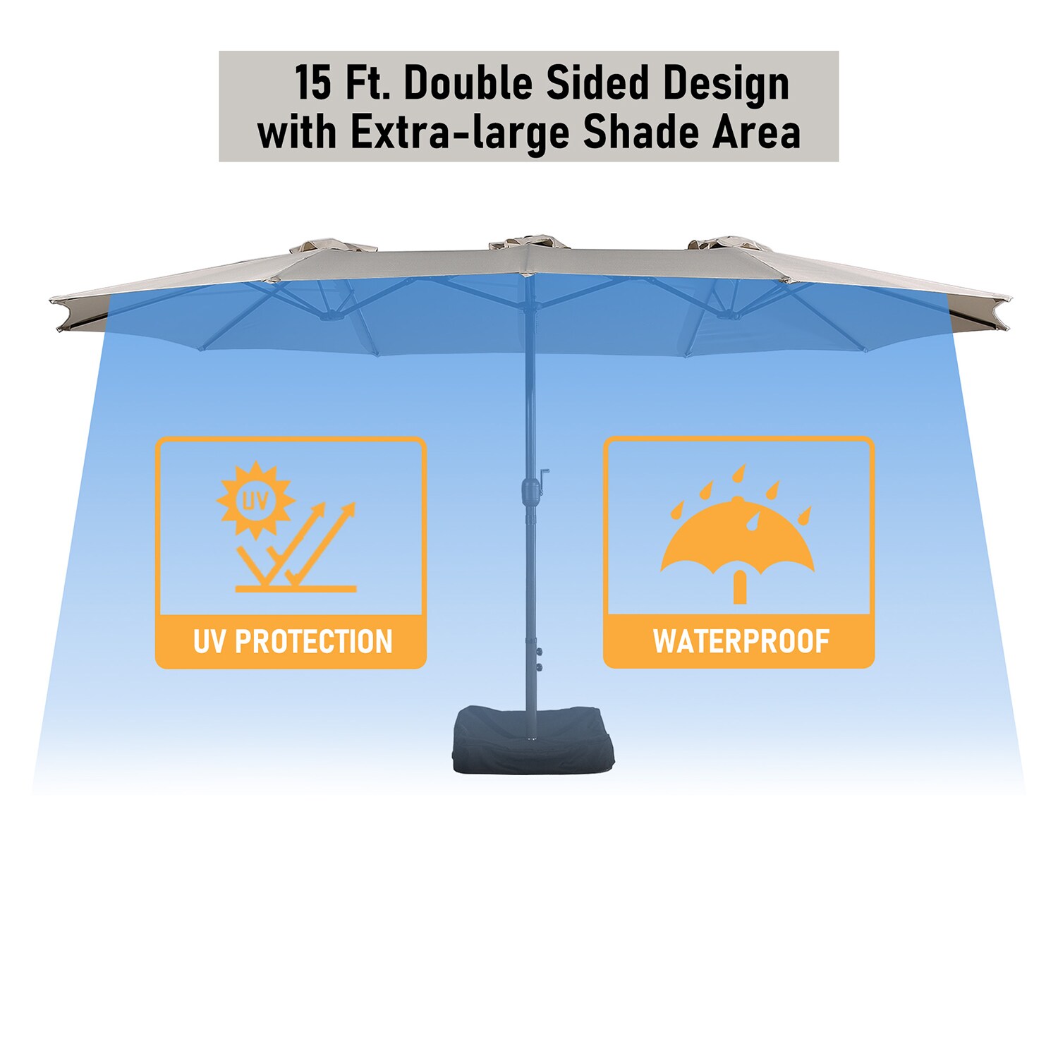 Beige 15-ft Steel Double-Sided Patio Umbrella with Base