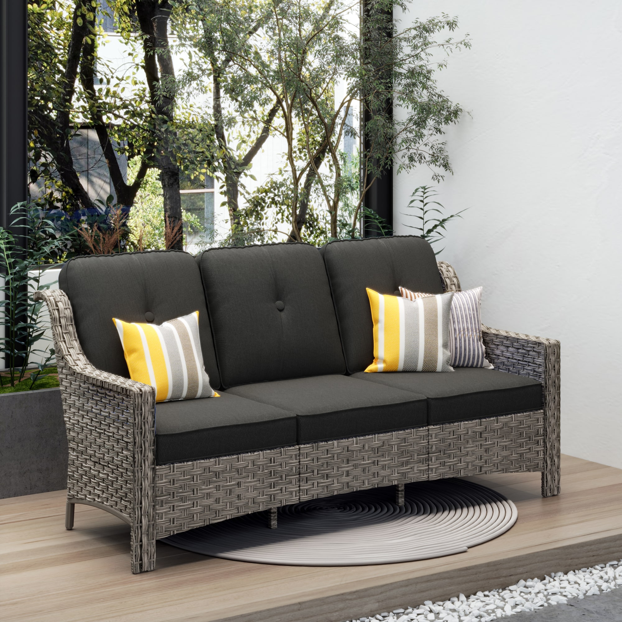 Ovios PD1021 Wicker Outdoor Sofa with Black Cushions and Iron Frame