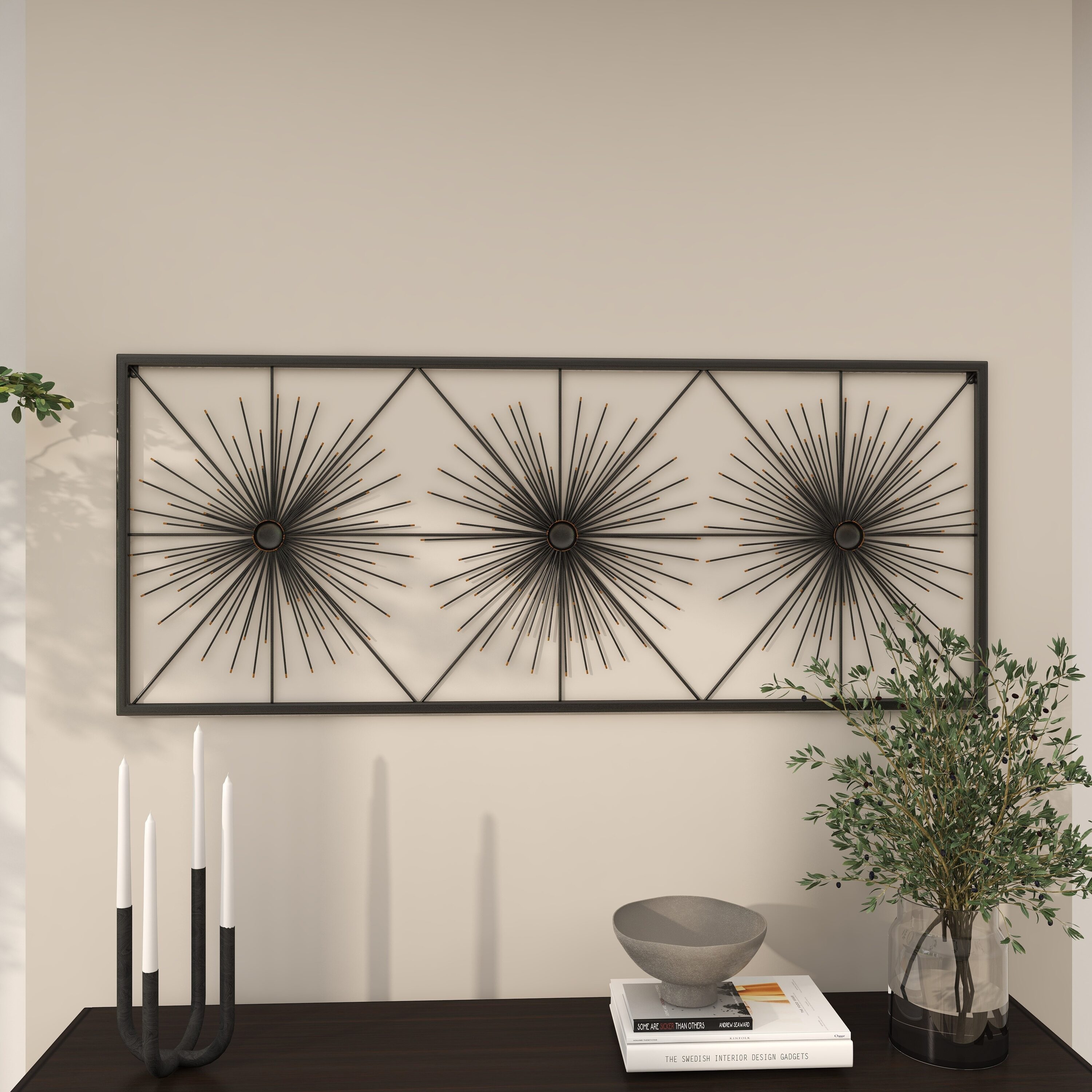 Black Metal Starburst Wall Sculpture with Frame, 59" x 24"