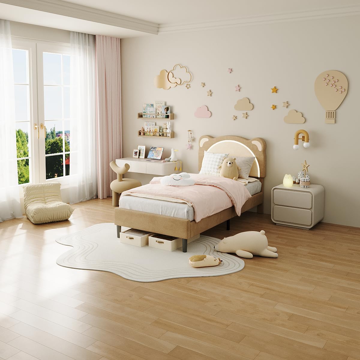 Qeetex DHZ-PHK-34DEMSKK Twin XL Bed Frame for Kids Upholstered Platform Bed Frame with Adjustable Headboard and Led Light Wooden Slats Support No Box Spring Needed for Kids inch Room Nursery Coffee