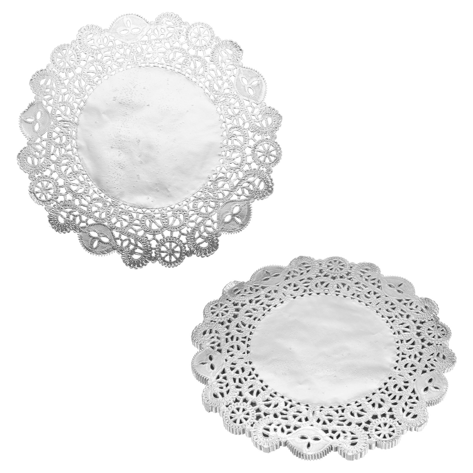 Harfington 50pcs Lace Paper Doilies 10.5 Inch Silver Round Disposable Decorative Paper Placemats Hollow Flower Absorbing Papers for Cakes Desserts Food Decoration Wedding Birthday