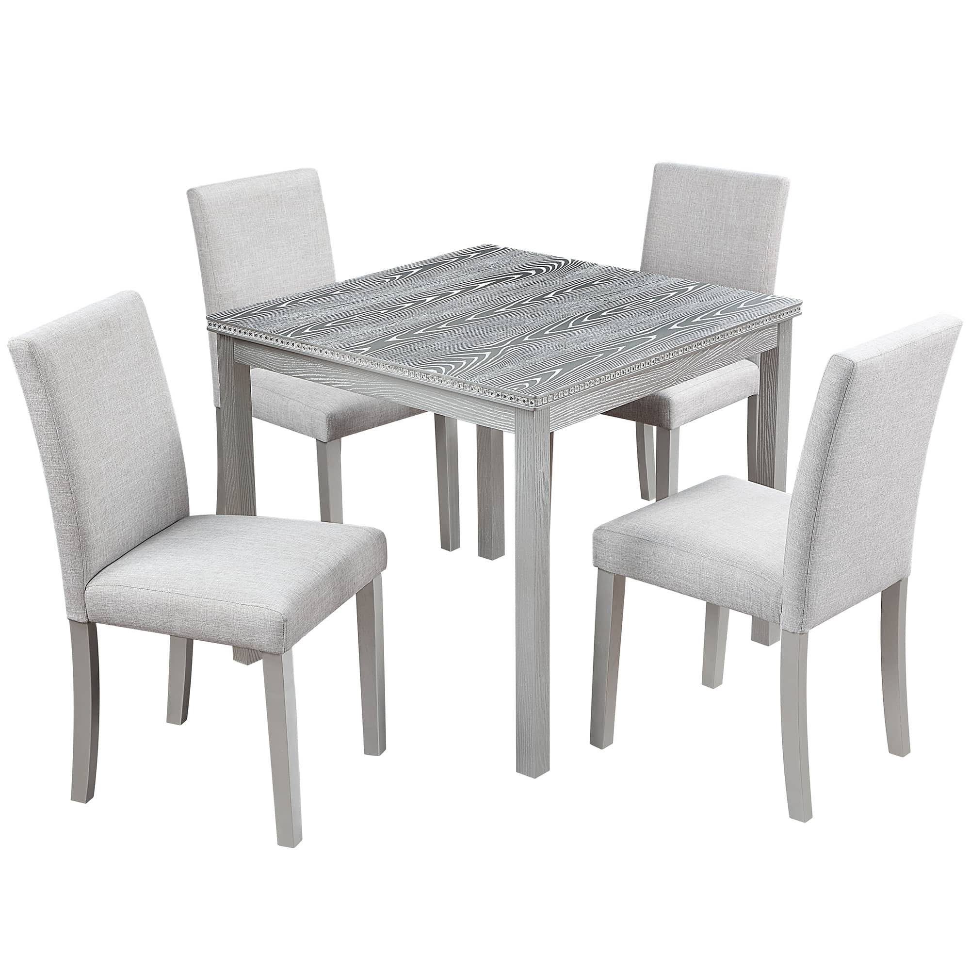Vynxaria LESX1275-DJCZ-TZ018 5 Piece Wooden Dining Table Set Square Table with 4 Upholstered Chairs Crystal Decoration for Kitchen Dining Room Gray 330lbs Capacity