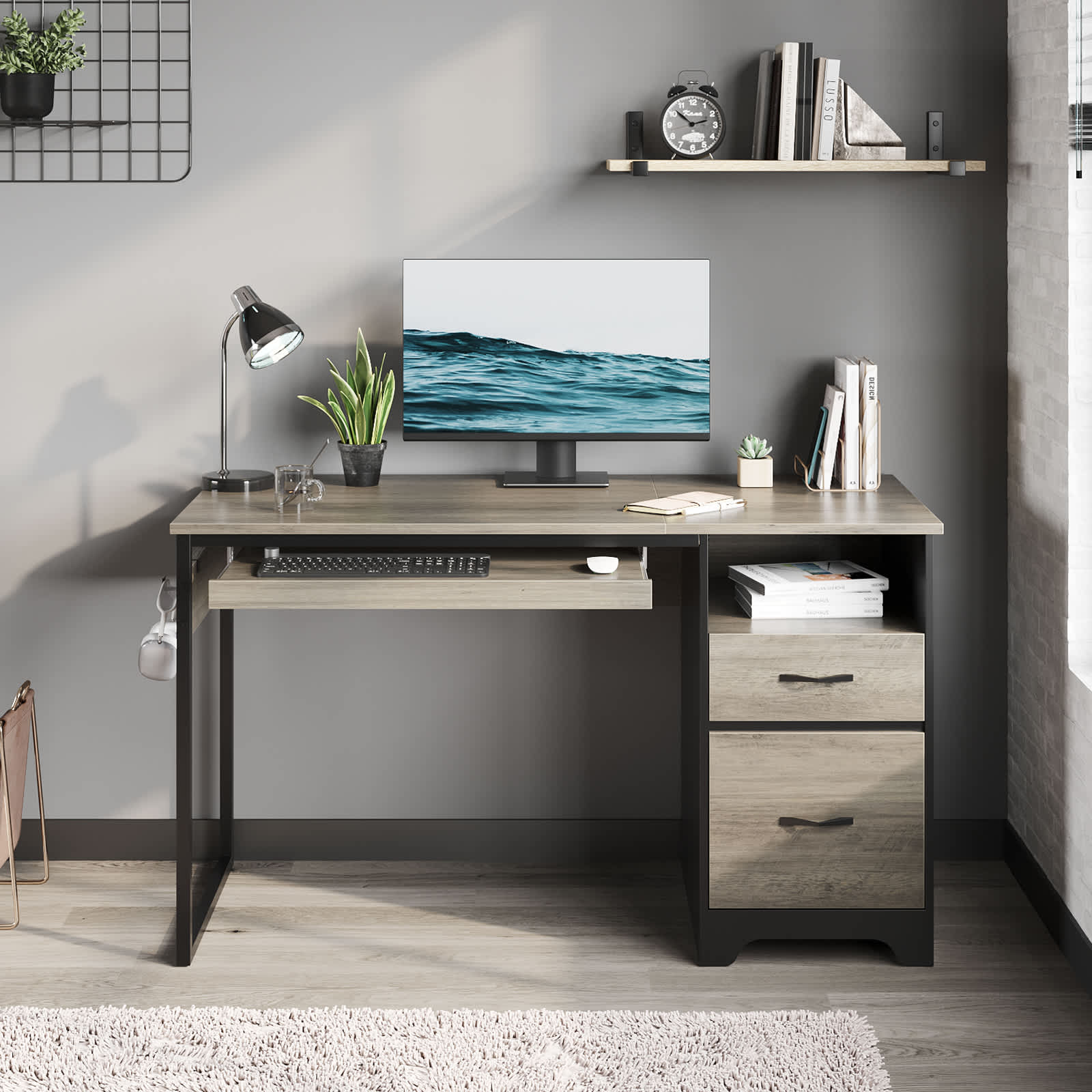 Bestier LOW-H104612N-GRW 48.03-in W 2-Drawer Gray Computer Desk with Keyboard Tray and Hooks