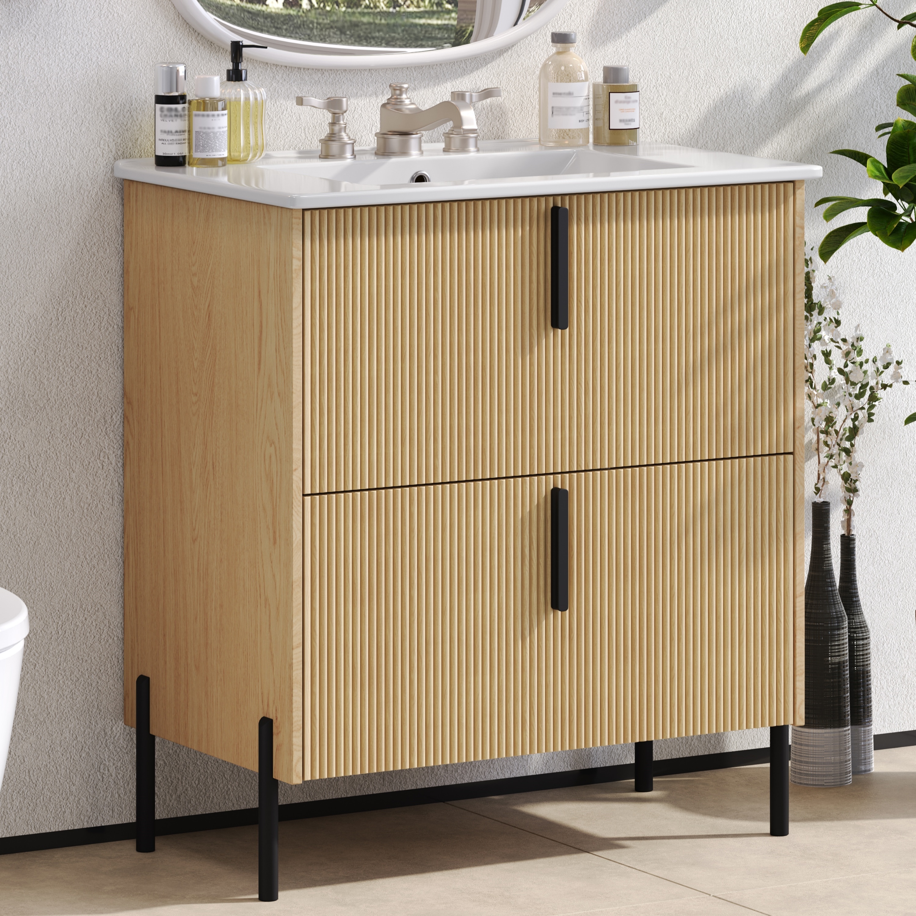 LOVMOR SF-M-N817P295761N 30inch Bathroom Vanity with Ceramic Sink and Full Extension Drawers Soft Close Undermount Drawer Slides  Fluted Design  Natural
