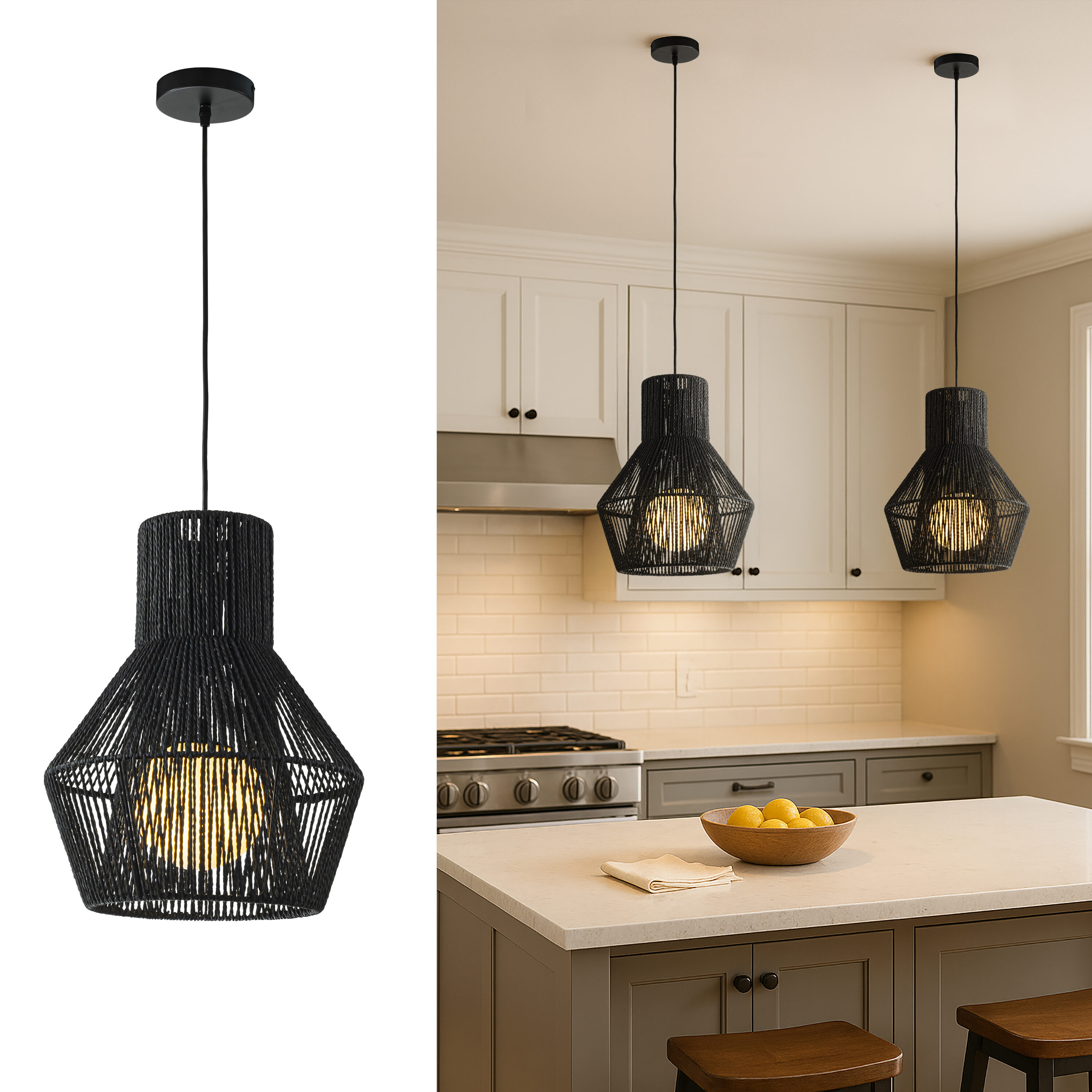 AloaDecor Lighting L7264D36BK12A 1 -Light Matte Black Transitional Geometric Small Hanging Pendant light