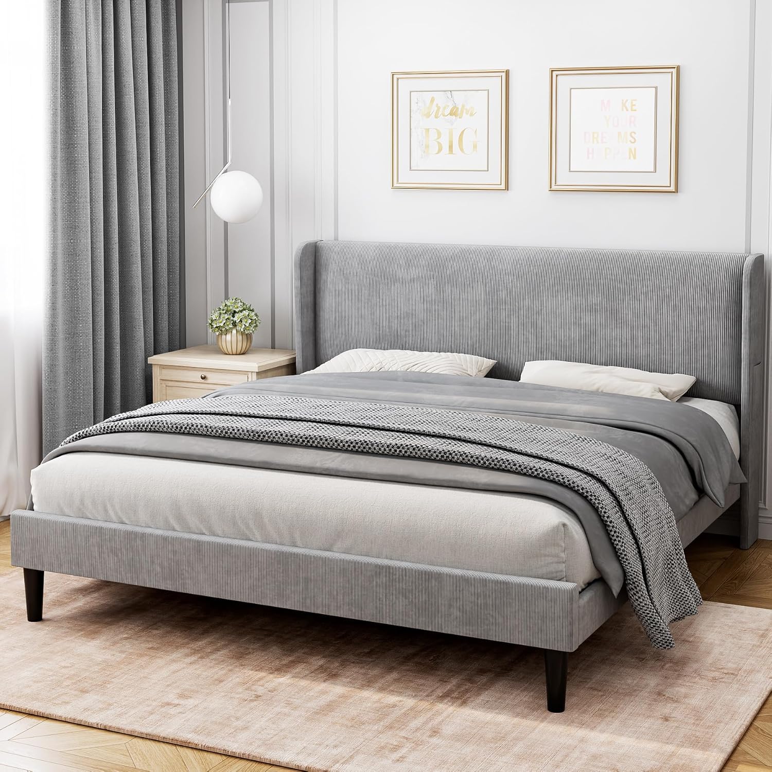 Qeetex PD-PHO-14WNYIO7 Full Upholstered Bed Frame With Wingback Headboard-Velvet Platform-Wood Slats-Box Spring Optional-Easy Assembly-Light Gray