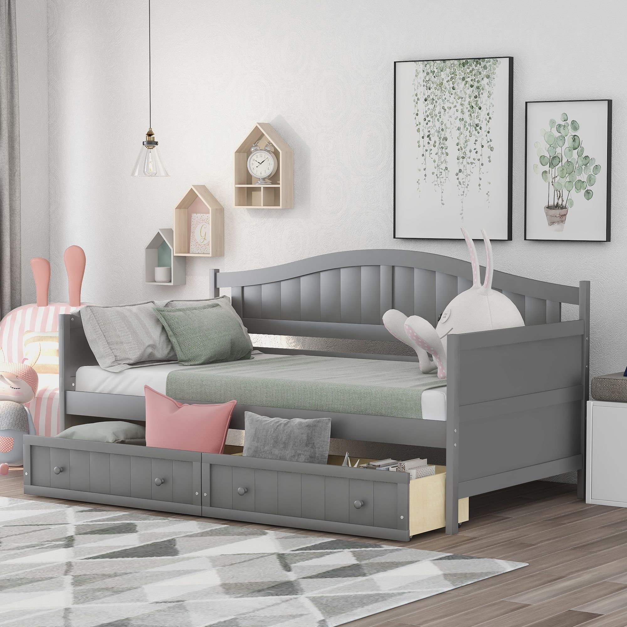 ModernLuxe WF192860AAE Twin Wooden Daybed with 2 drawers Sofa Bed for Bedroom Living RoomNo Box Spring NeededGray