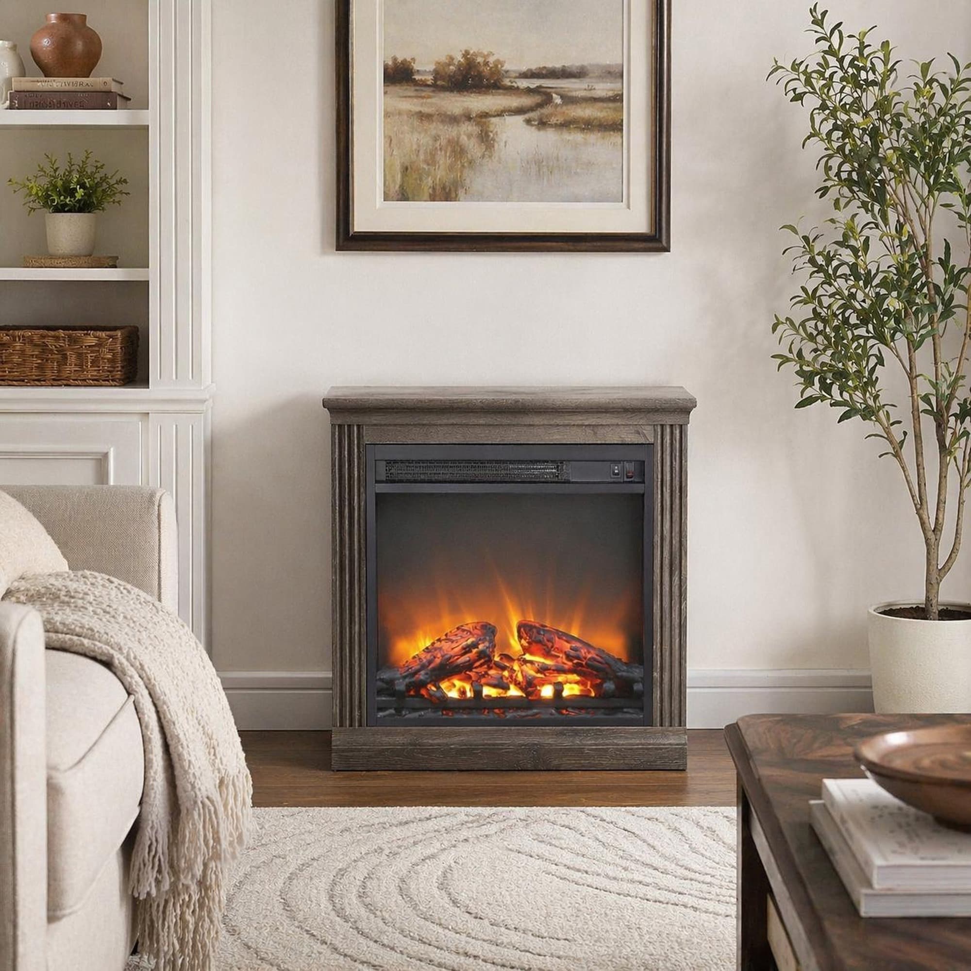 TEINIE 18 Inch Ultra Thin Electric Fireplace Insert Heater Log Real