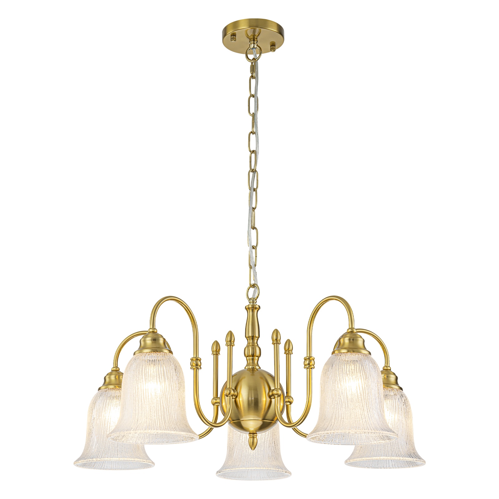 MENCOLULU - 27.17 inch S-Arm Metal Chandelier with Frosted Bell Glass Shades 5 -Light Gold Metal ...