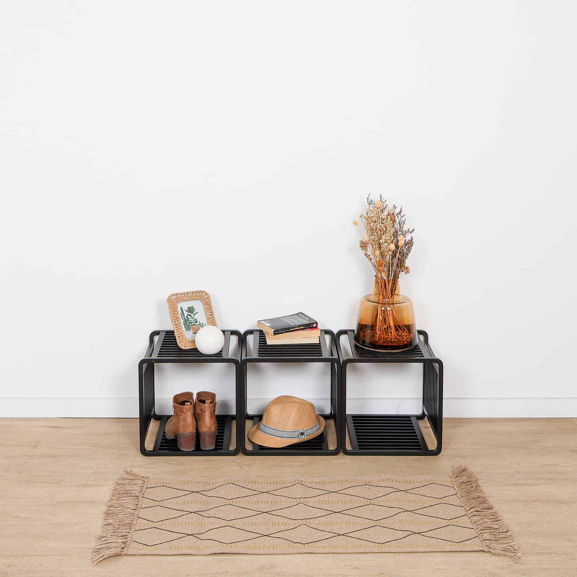 EVIDECO FRENCH HOME GOODS 13-in H x 39-in W x 13-in D Smart Kube Black Bamboo Cube Storage Stackable Shelf Organizer for Home Office Bathroom or Entryway - Modern Slatted Design Holds 18 lbs Easy Assembly (Set of 3)