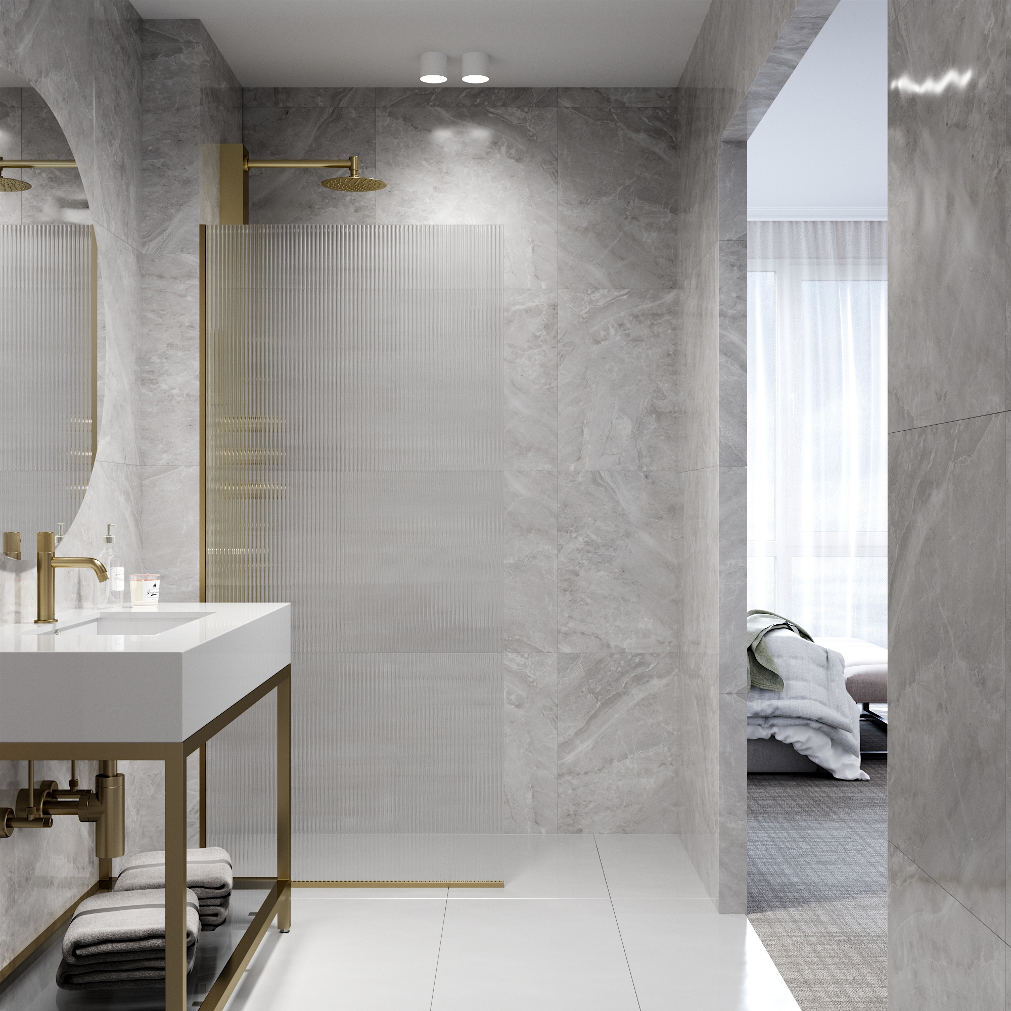 Zenith 34" Matte Gold Frameless Fluted Glass Shower Screen